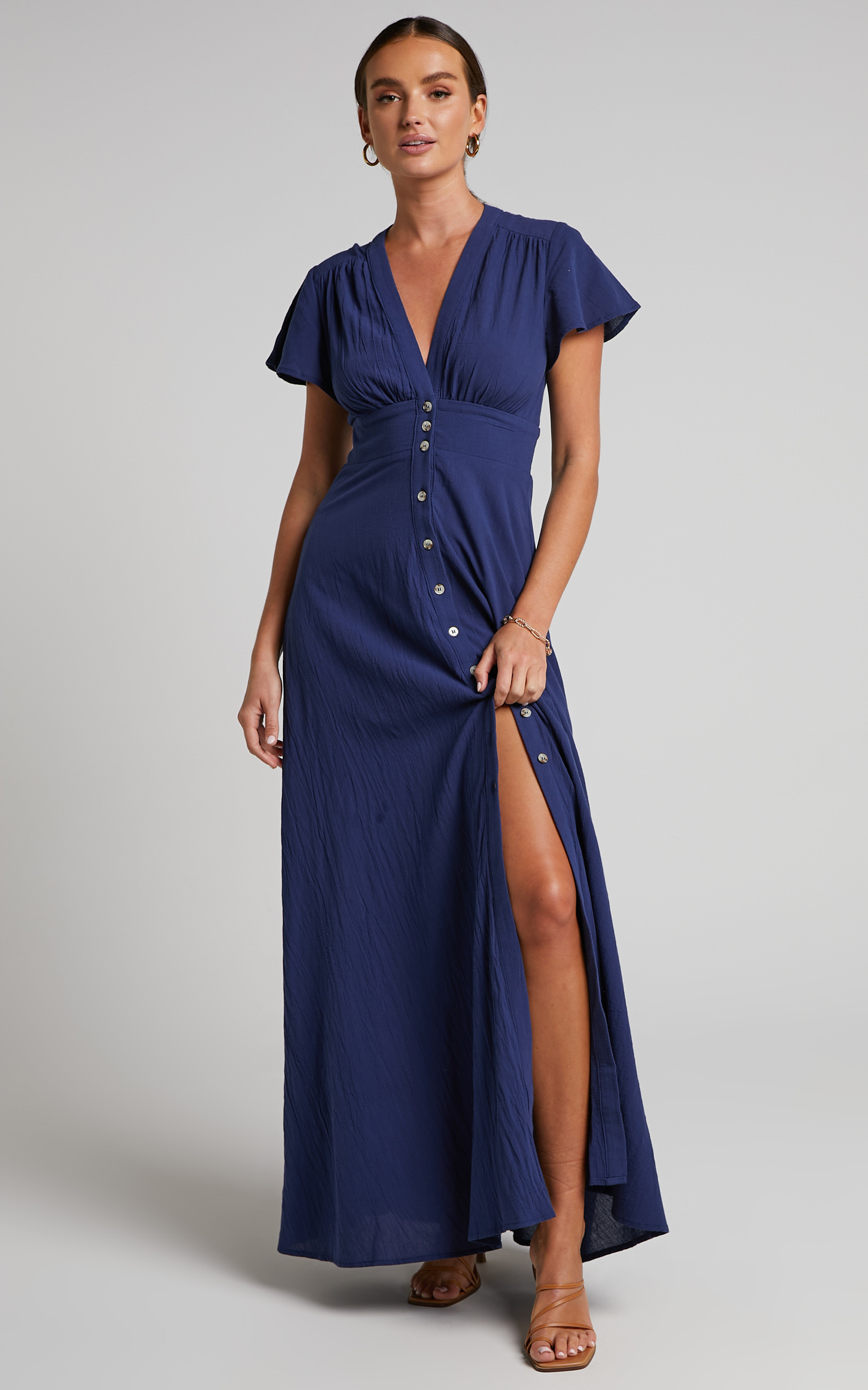 Elijah Empire Waist Button Down Maxi Dress in Navy - 06, NVY2, hi-res image number null