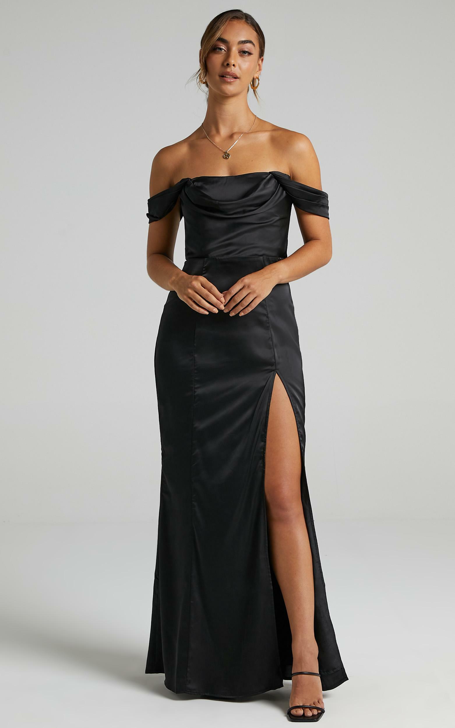 Faye Off Shoulder Maxi Dress in Black Satin - 04, BLK1, hi-res image number null
