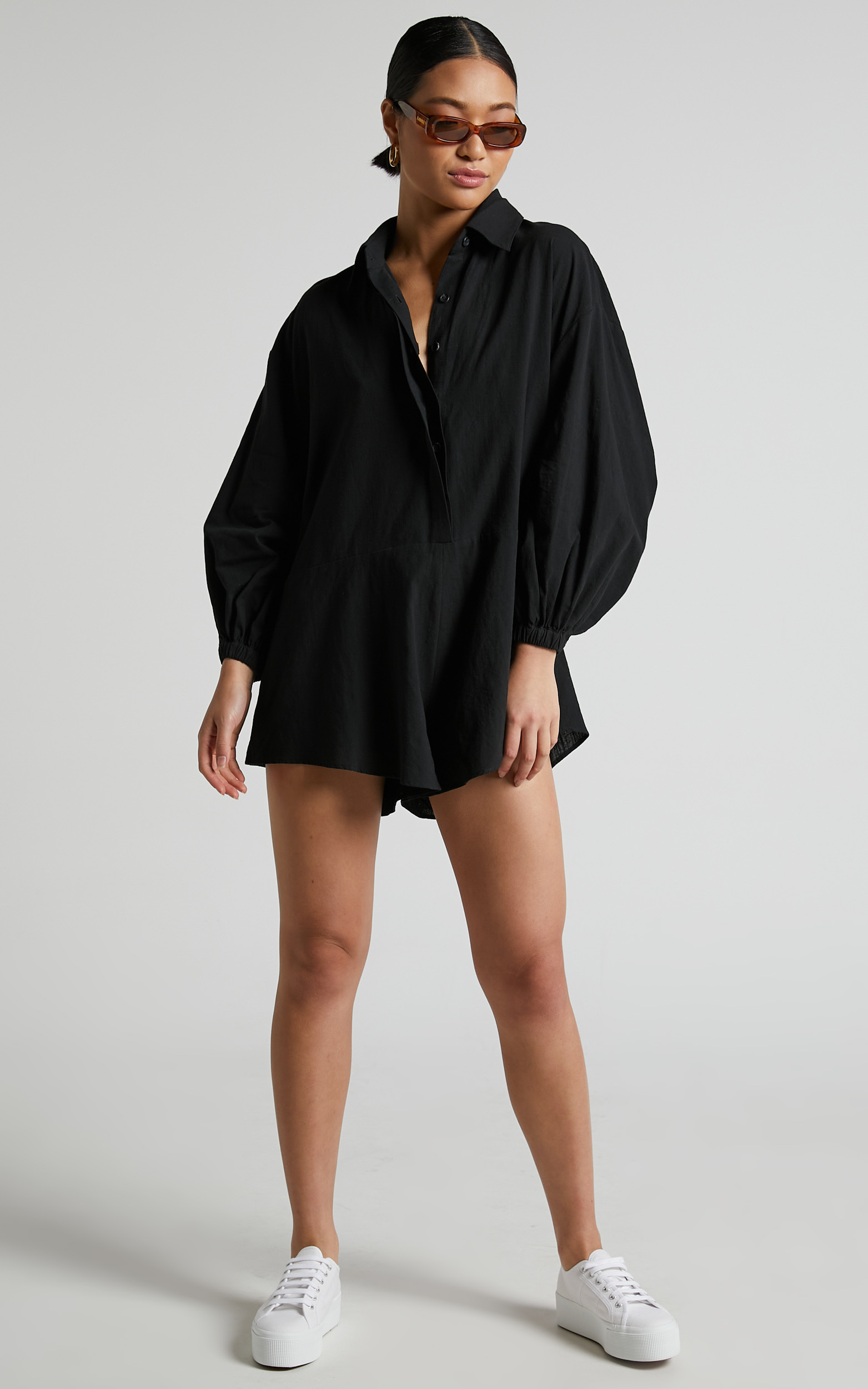 Anka Playsuit - Relaxed Button Front Shirt Playsuit in Black - 04, BLK1, hi-res image number null