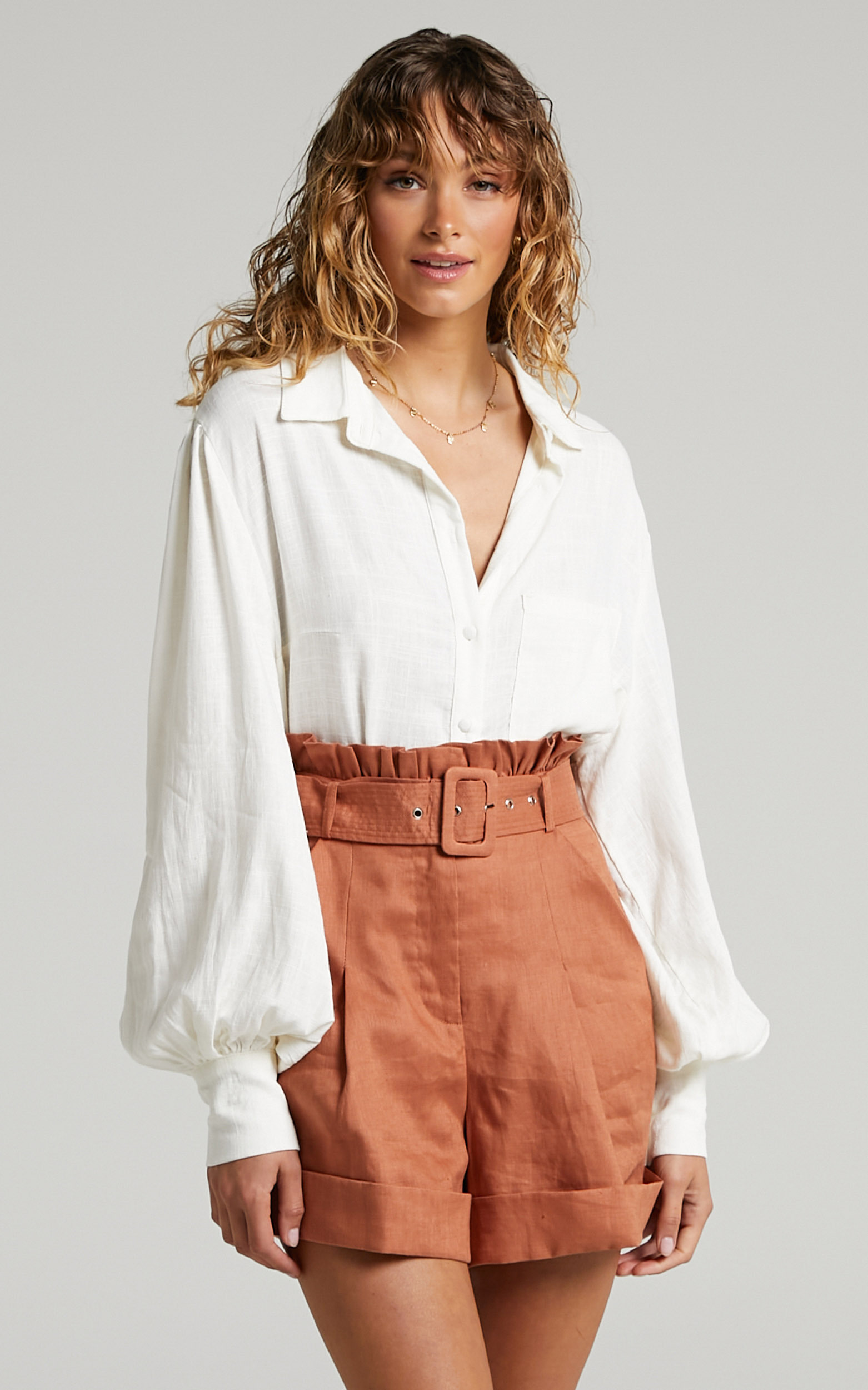 Amalie The Label - Shaloom Linen Balloon Sleeve Button Front Shirt in Cream - 06, WHT1, hi-res image number null