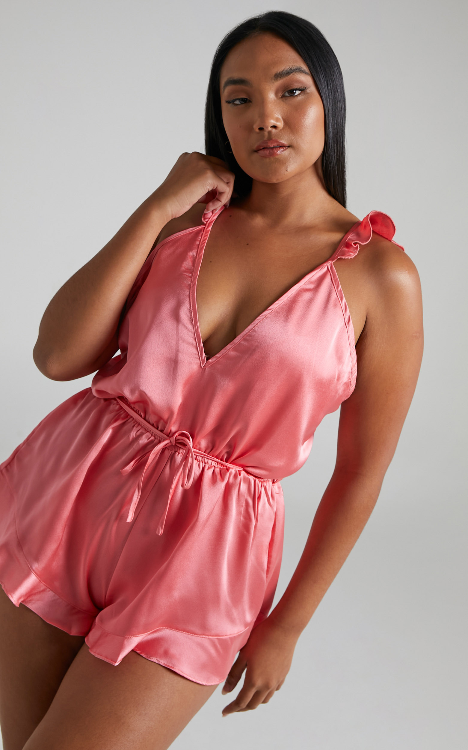 Alohra Frill Satin Sleep Romper in Peach - 06, ORG2, hi-res image number null