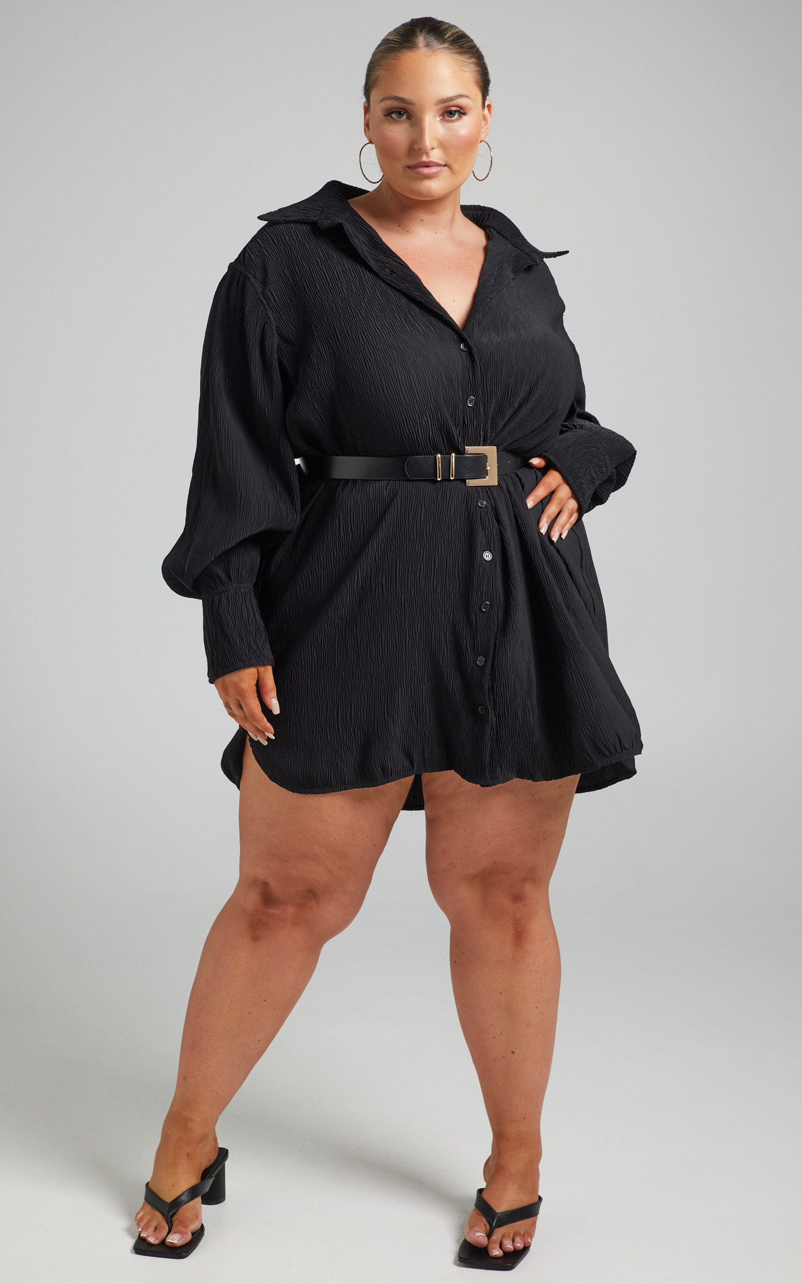 Simae Textured Button Up Shirt Dress in Black - 04, BLK1, hi-res image number null