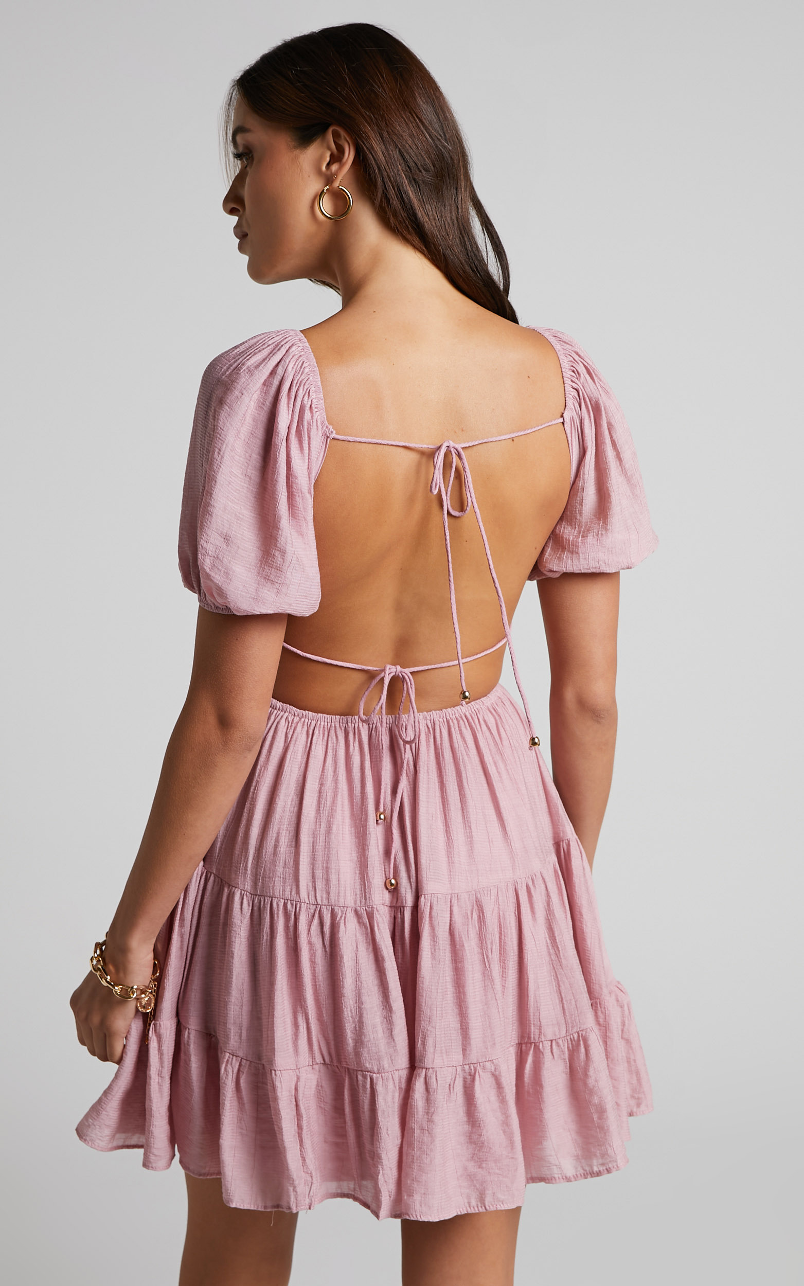 Shayna Mini Dress - Open Back Puff Sleeve Tiered Dress in Pink - 06, PNK1, hi-res image number null