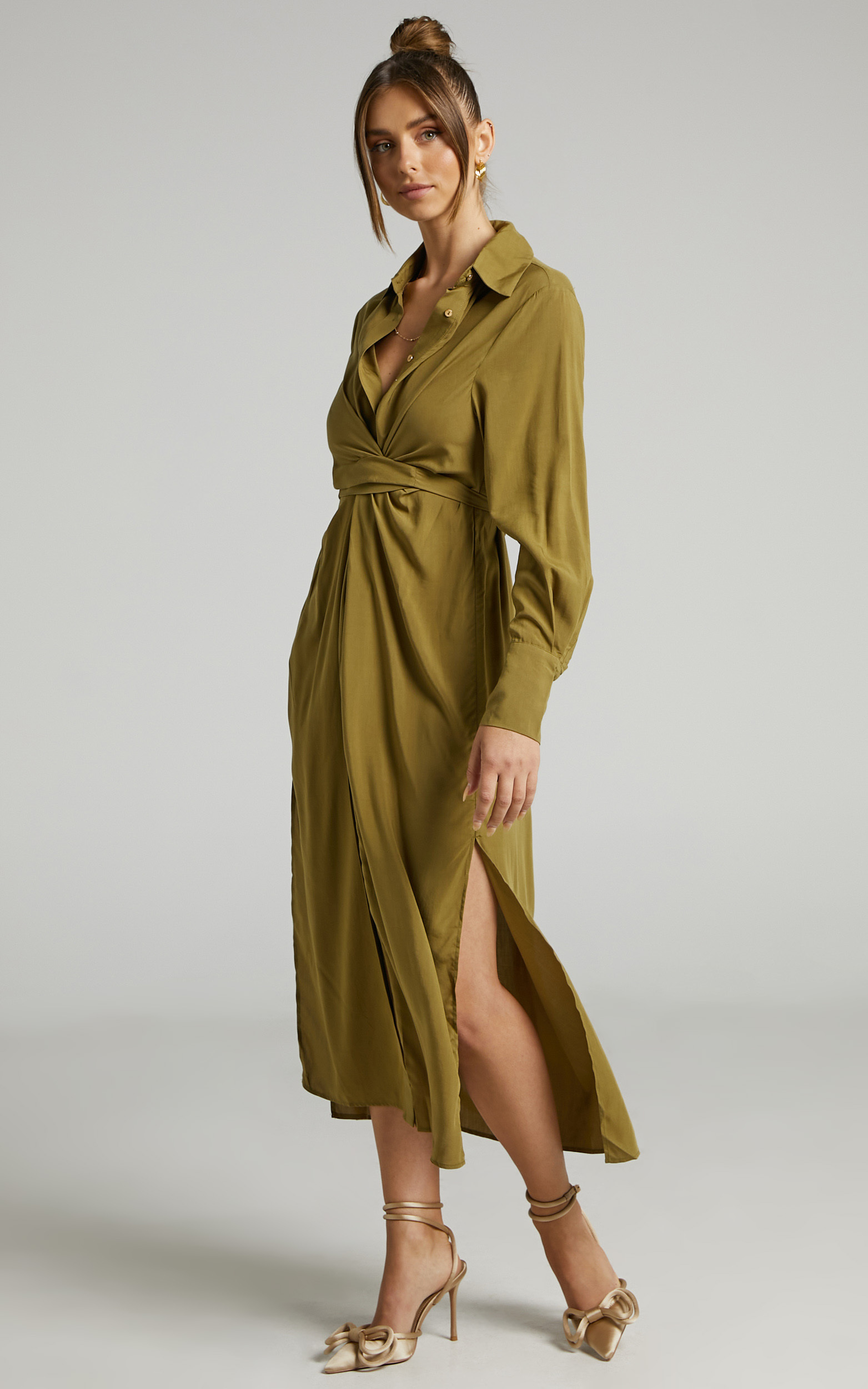 Trinidad Twist Front Button Through Maxi Dress in Khaki - 04, GRN1, hi-res image number null