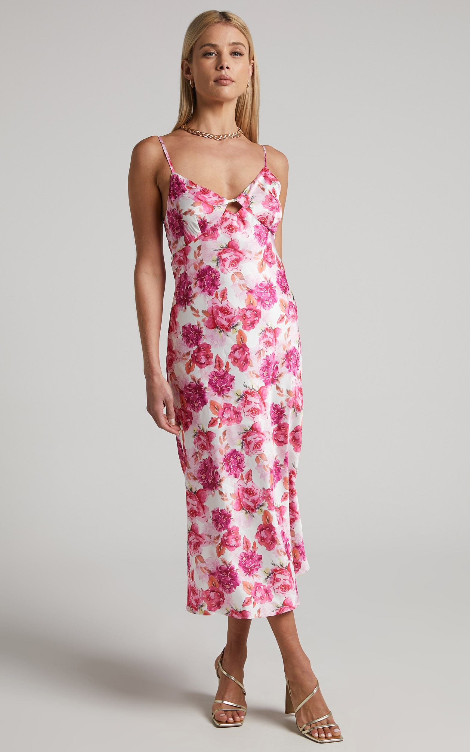 Lillith Midi Dress - V Neck Satin Slip Dress in Pink And White Floral - 06, PNK1, hi-res image number null