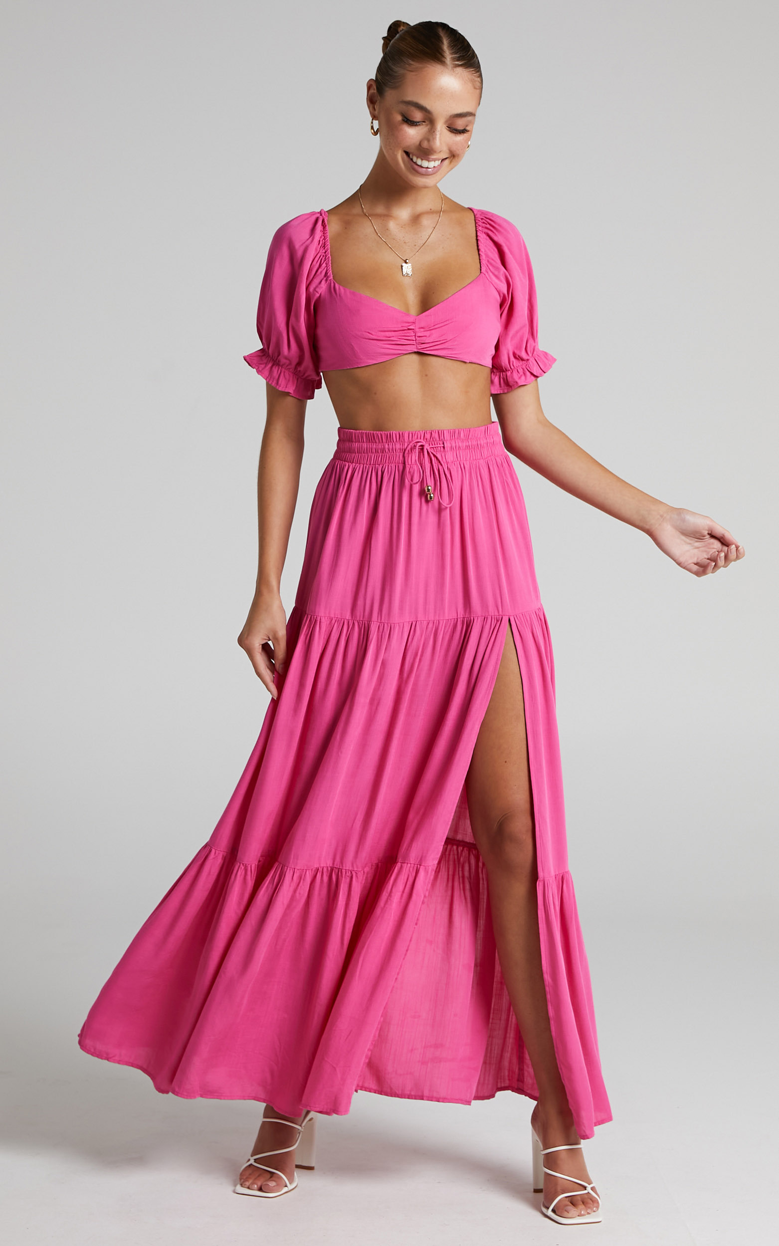 Yesha Puff Sleeve Crop Top and Tiered Midi Skirt Two Piece Set in Hot Pink - 06, PNK1, hi-res image number null