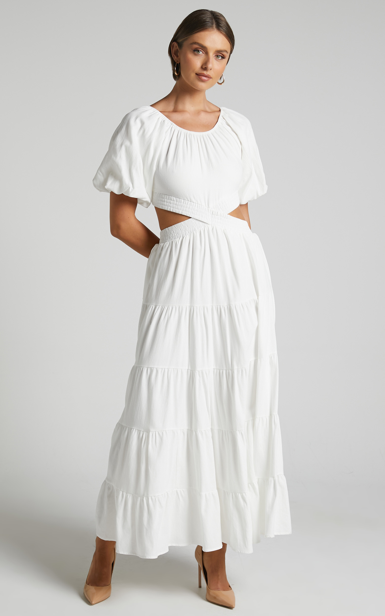 Leandra Maxi Dress - Scoop Neck Cut Out Tiered Dress in White - 06, WHT1, hi-res image number null