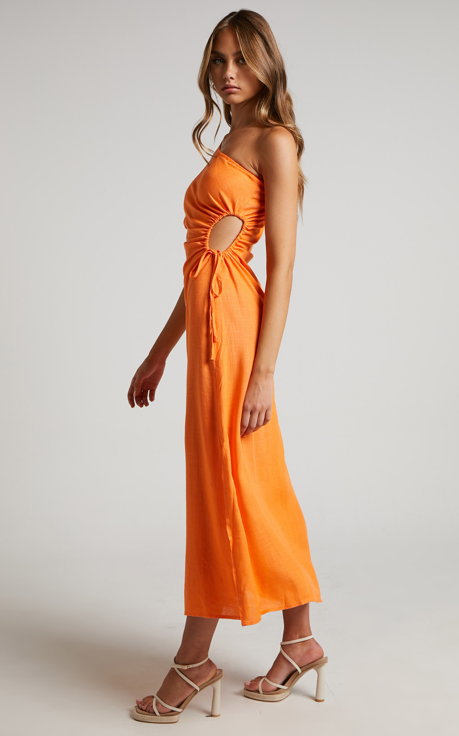 Victoria Midi Dress - One Shoulder Puff Sleeve Cut Out Dress in Orange ...