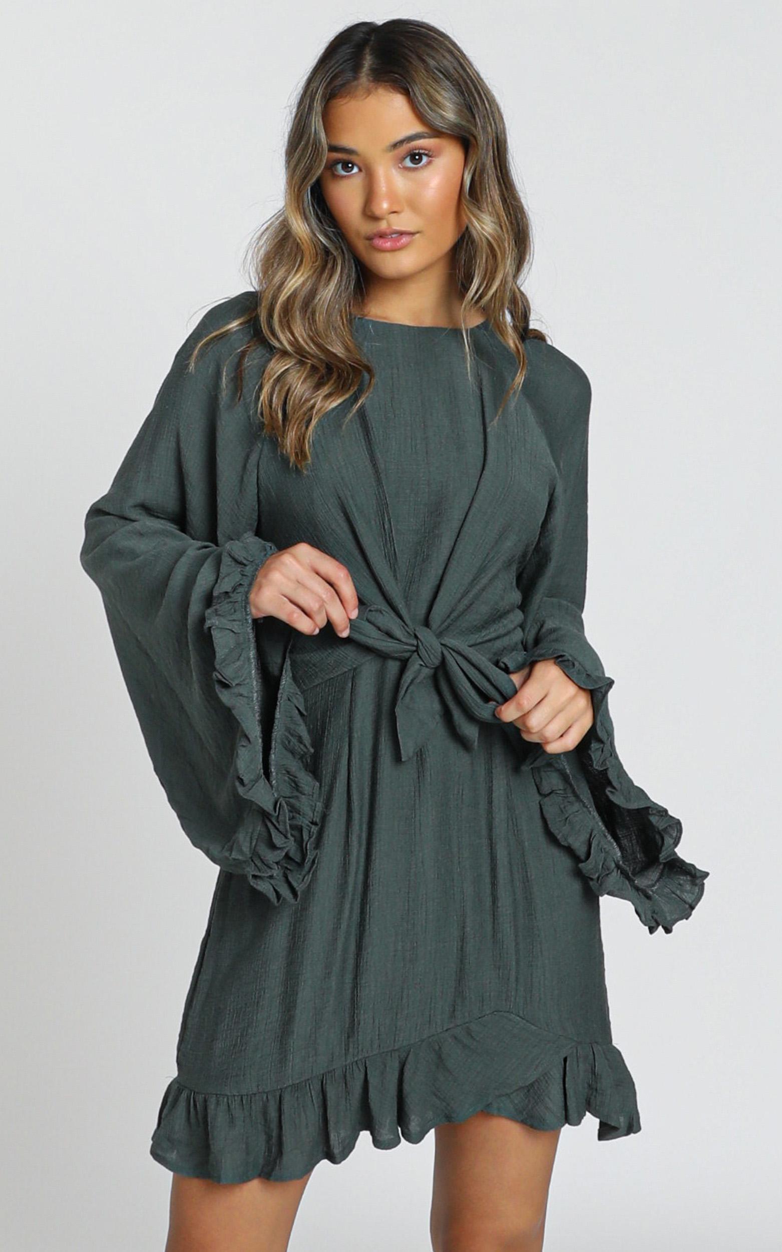 Ophelia Tie Front Dress in olive - 6 (XS), Green, hi-res image number null