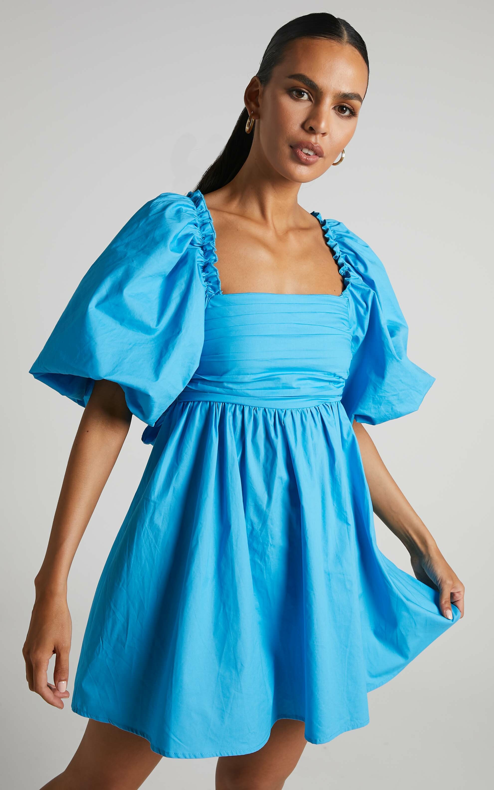 Melony Mini Dress - Cotton Poplin Puff Sleeve Dress in Blue - 06, BLU1, hi-res image number null