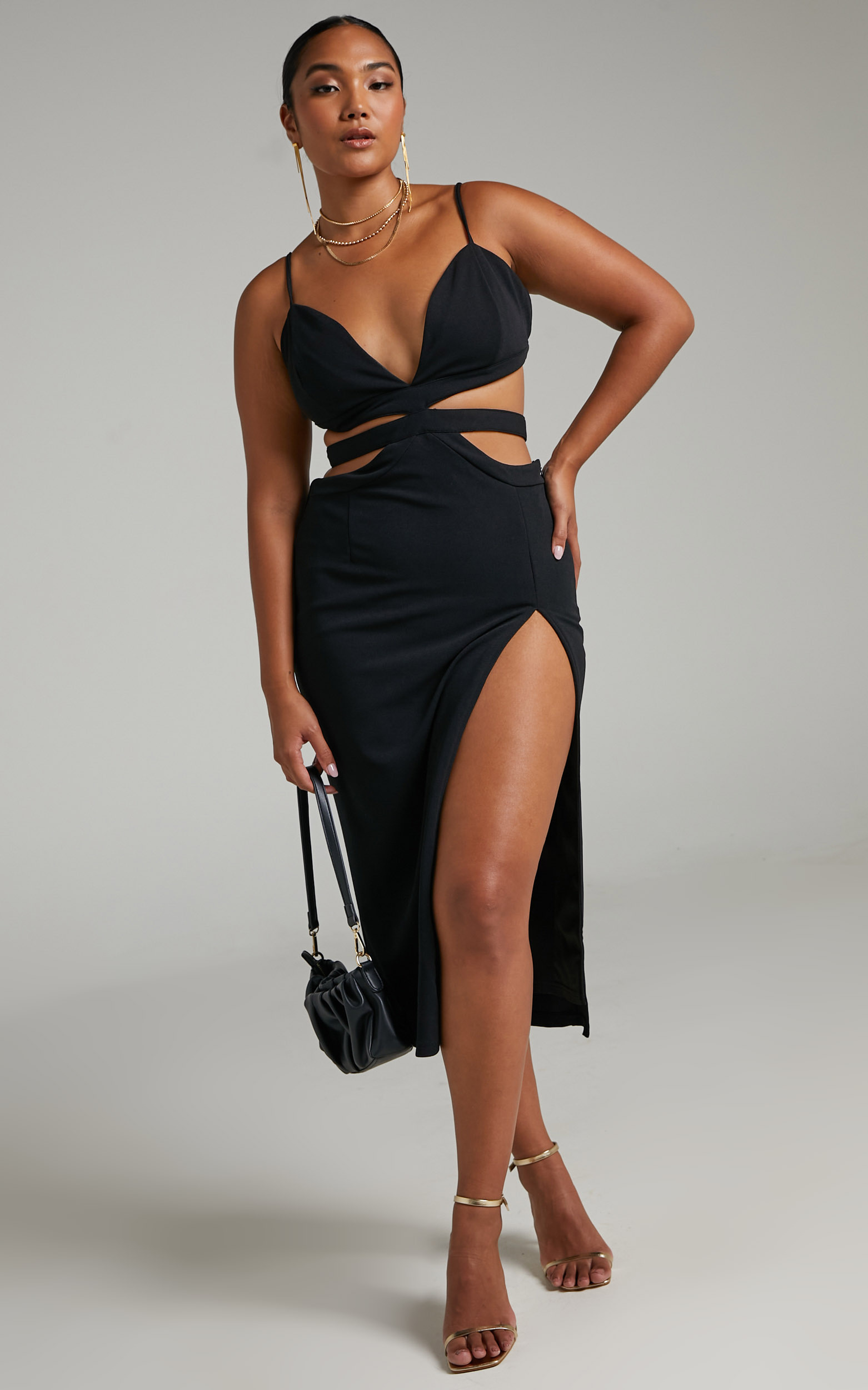Juvilyn Strappy Plunge Neck Midi Dress in Black - 06, BLK1, hi-res image number null