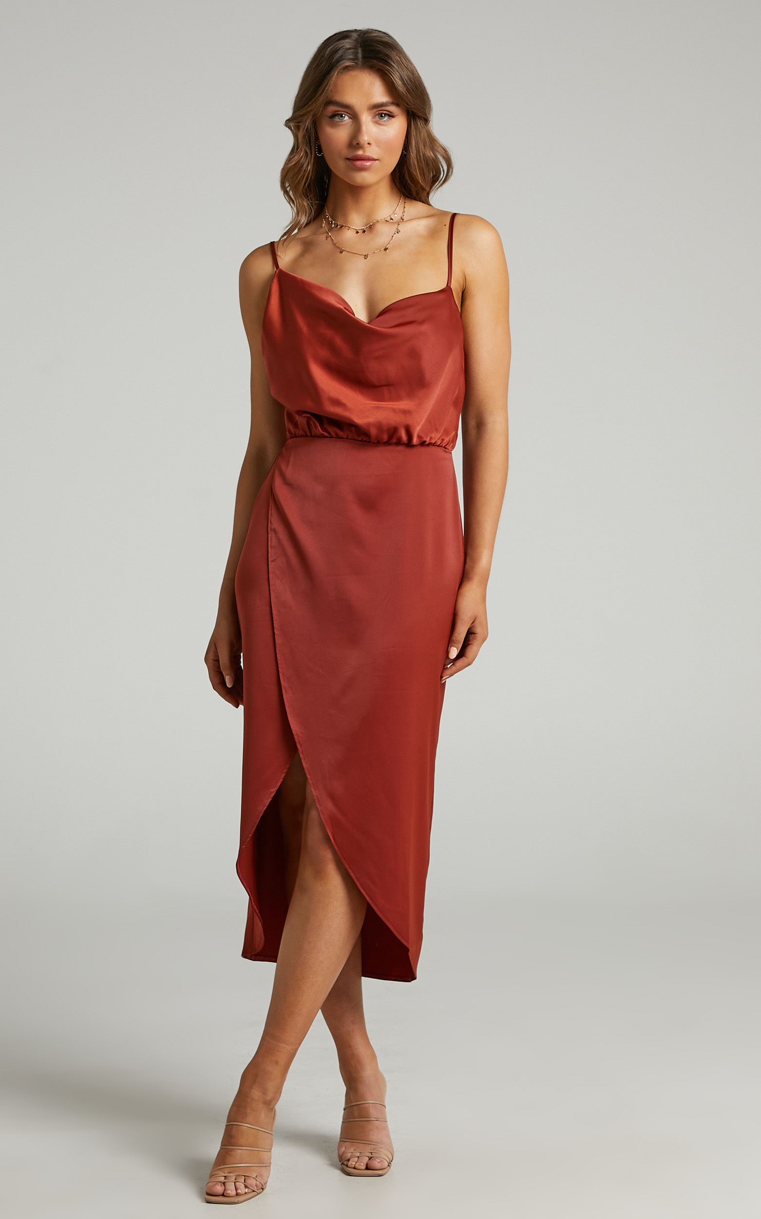 Sisters by Heart Asymmetric Cowl Neck Midi Dress in Copper Satin - 06, BRN1, hi-res image number null