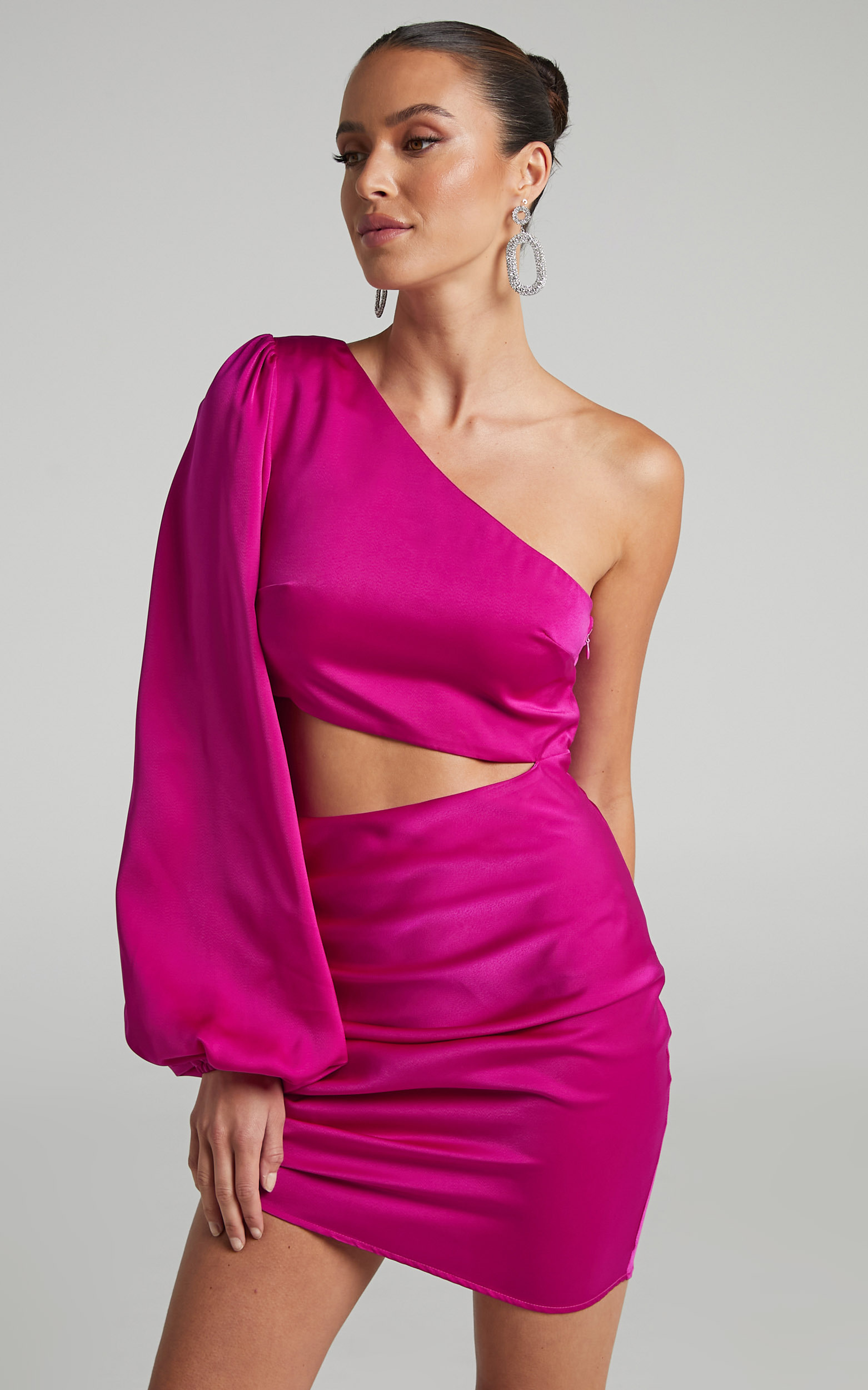 Rayanna One Shoulder Long Sleeve Cut Out Mini Dress in Fuchsia - 06, PNK1, hi-res image number null