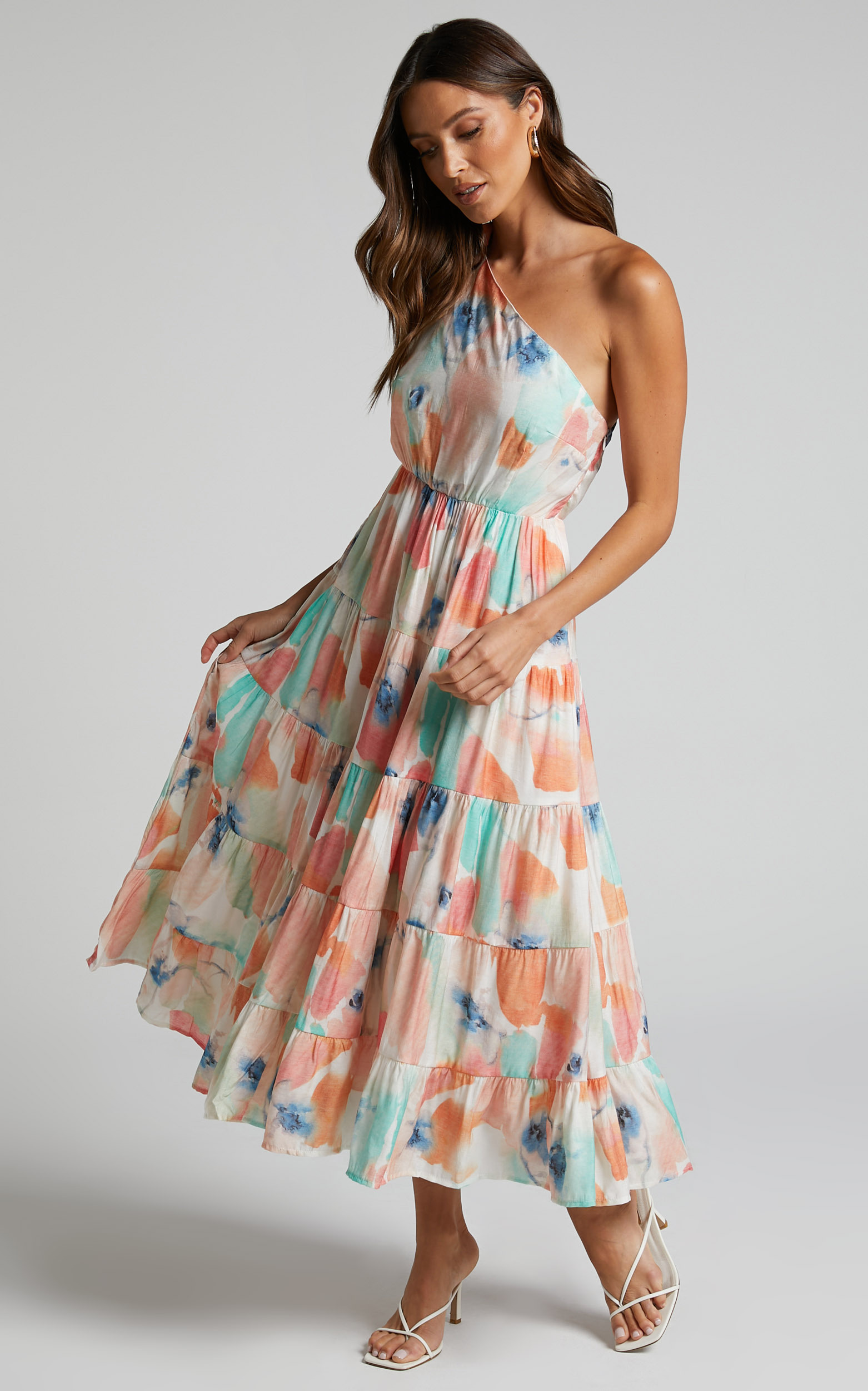 Dawn Maxi Dress - One Shoulder Tiered Dress in White Floral - 06, WHT1, hi-res image number null