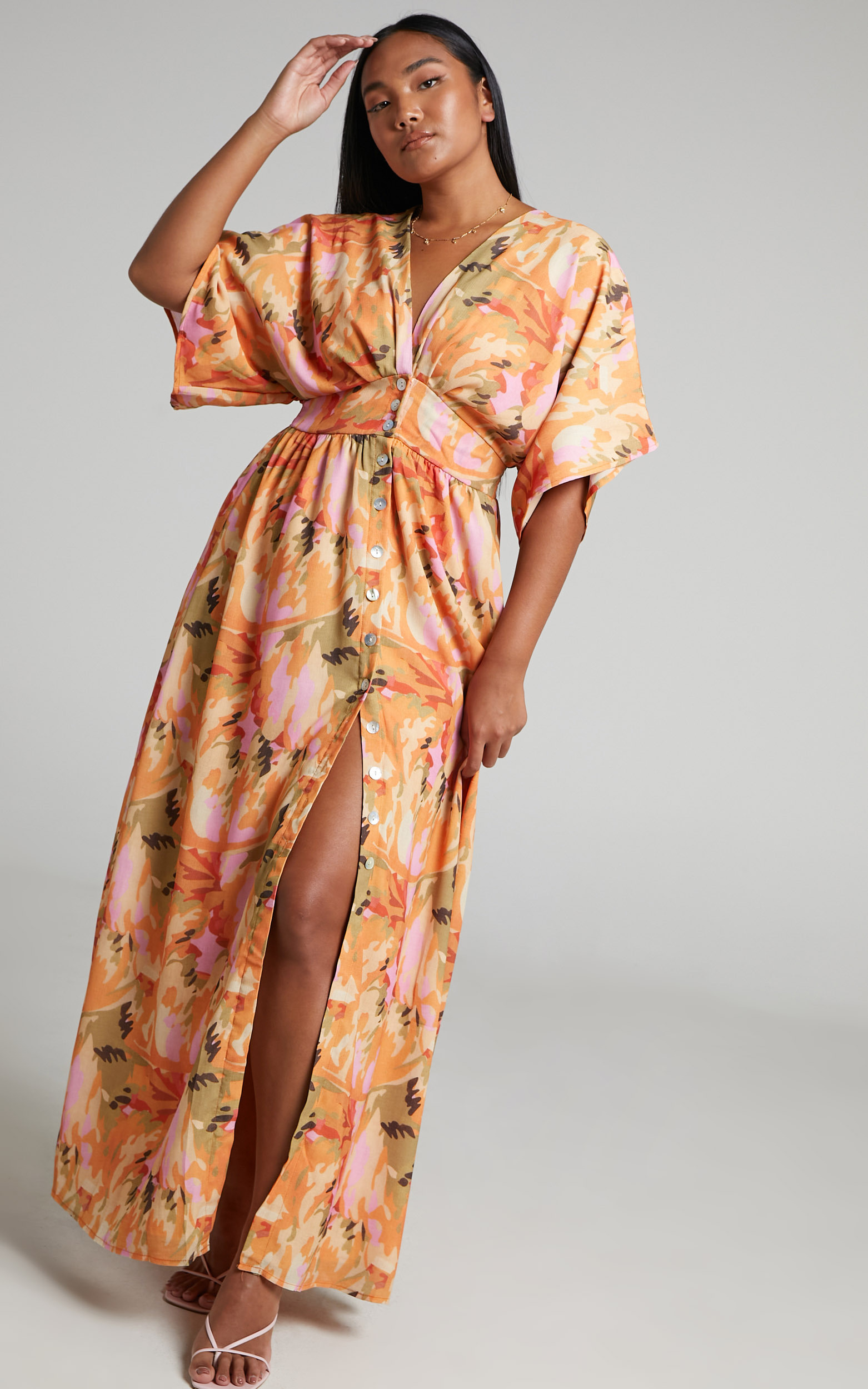 Heira Flutter Sleeve Button Down Maxi Dress in Palm Print - 06, MLT1, hi-res image number null