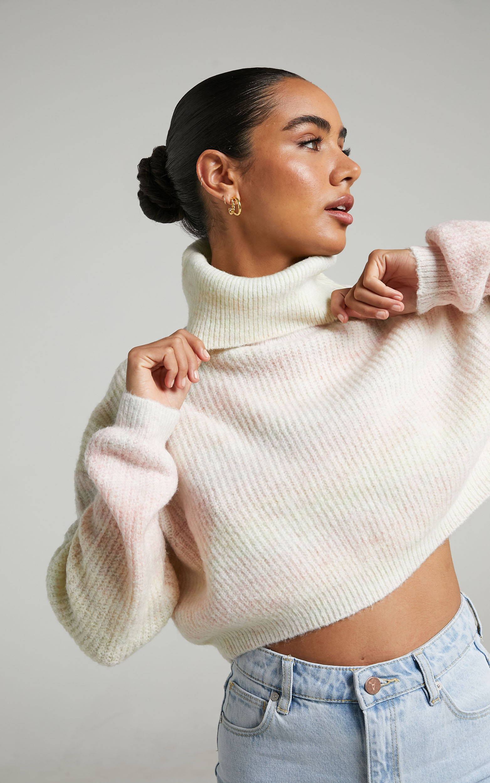 Maureen Cropped Turtle Neck Knit Sweater in Pink Multi - M/L, PNK1, hi-res image number null