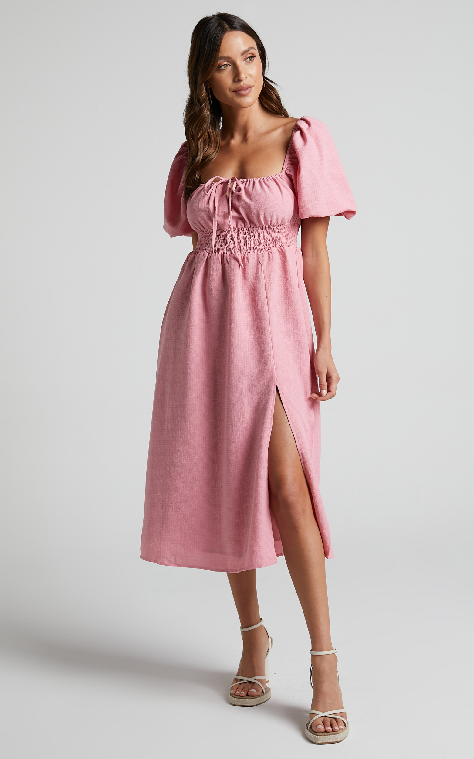 Yanet Shirred Puff Sleeve Midi Dress in Dusty Pink - 08, PNK1, hi-res image number null
