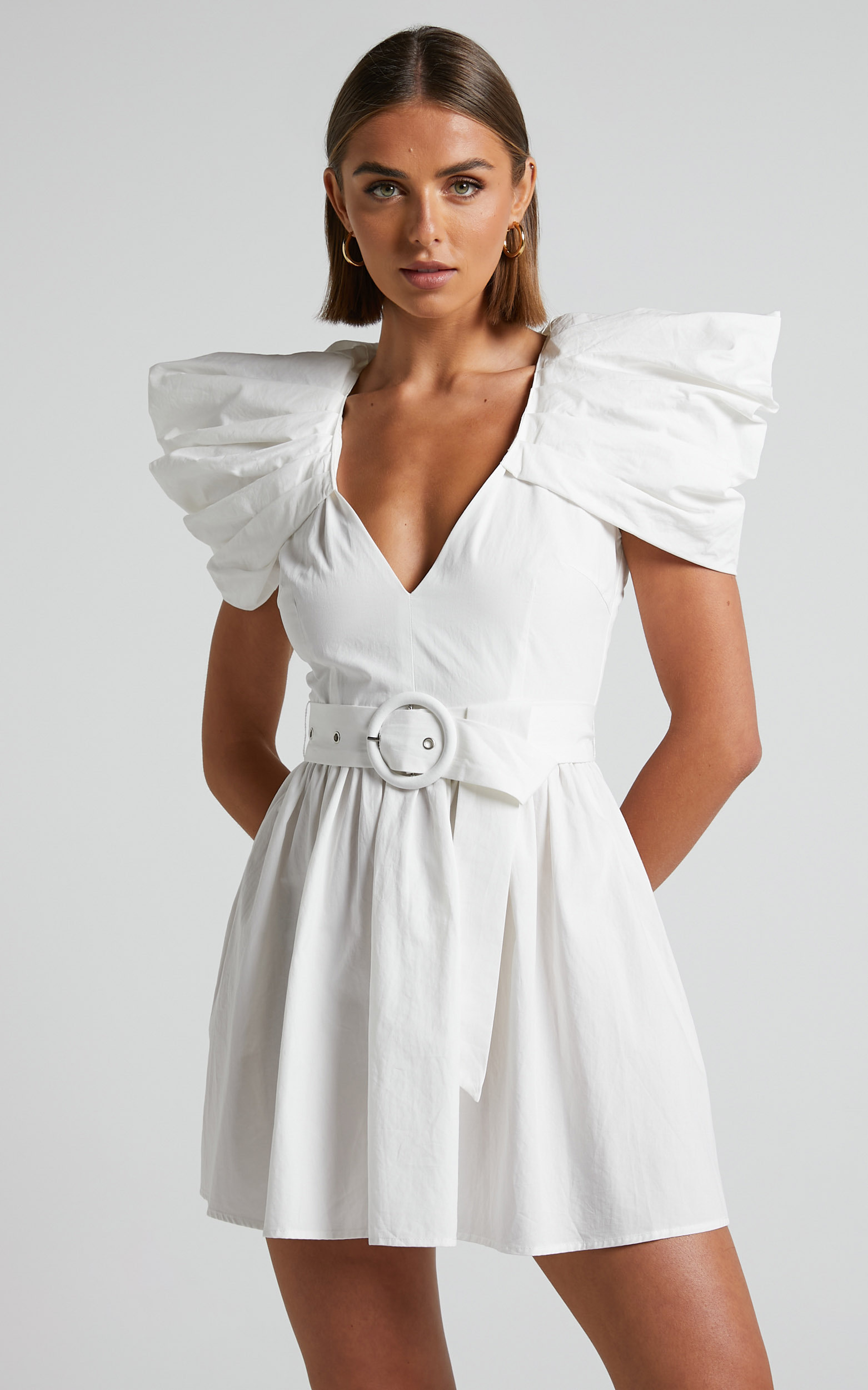 Haydie Mini Dress - Exaggerated Shoulder Belted Dress in White - 04, WHT1, hi-res image number null