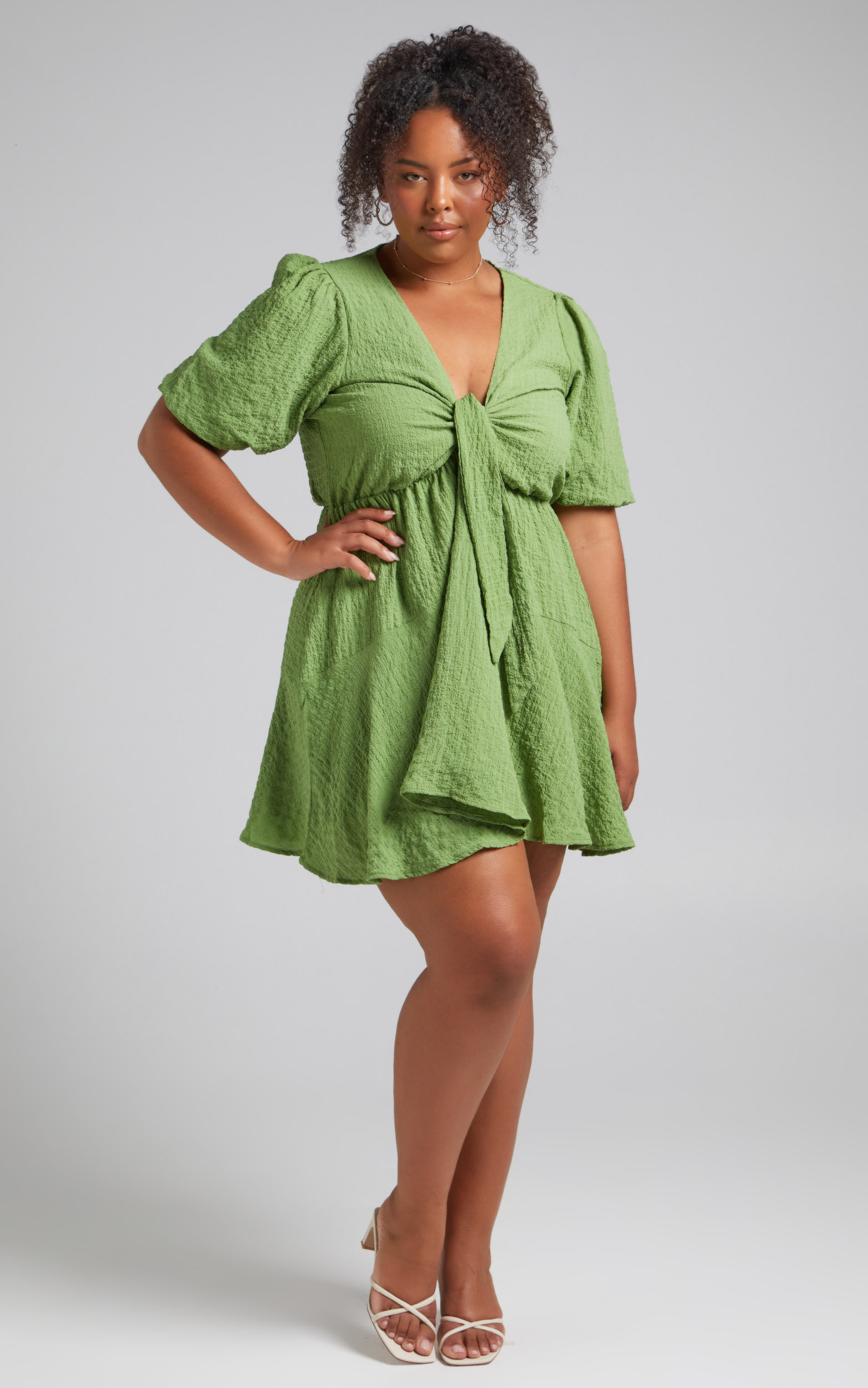 Rosalei Puff Sleeve Tie Front Mini Dress in Green - 04, GRN1, hi-res image number null