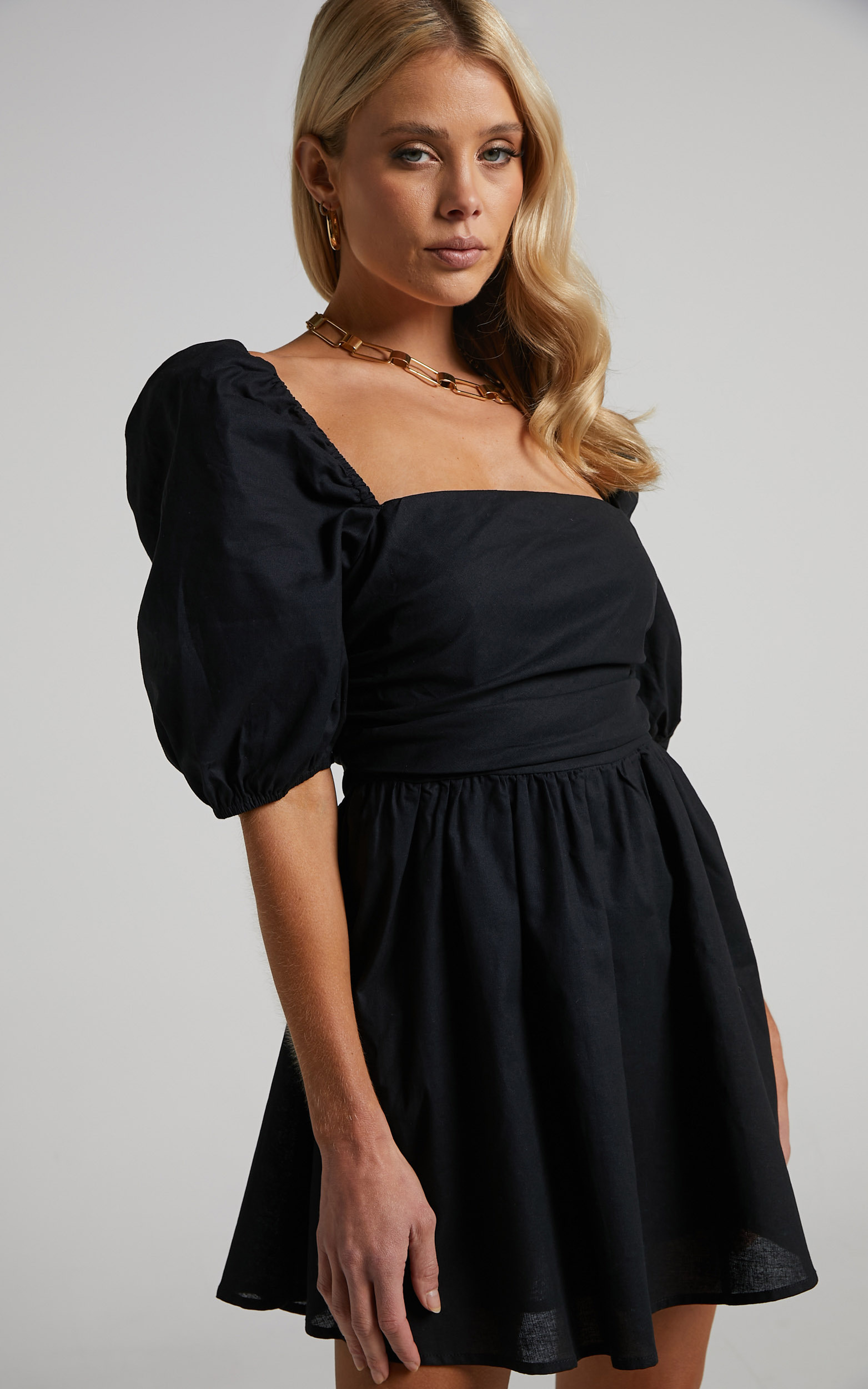 Claudina Mini Dress - Puff Sleeve Ruched Bodice Dress in Black | Showpo USA