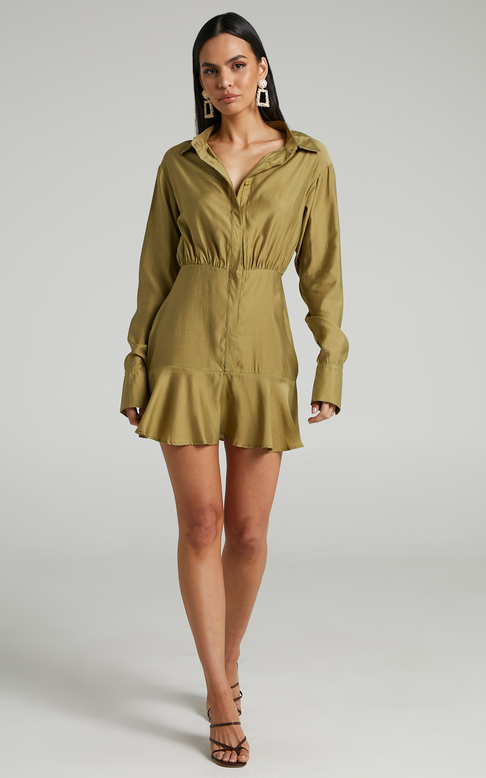 Jervin Collared Button Down Mini Shirt Dress in Khaki - 04, GRN1, hi-res image number null