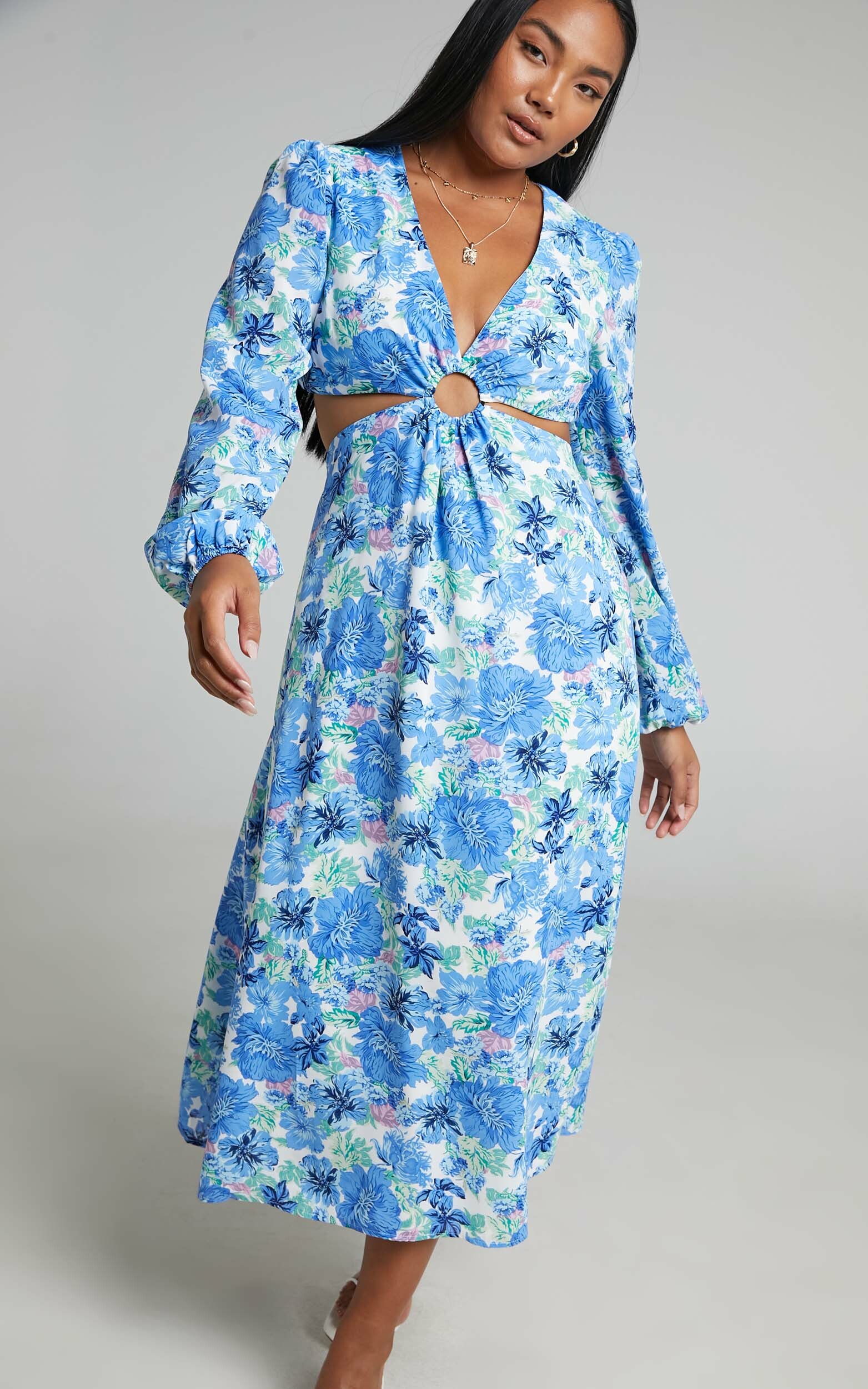Geneve Ring Cut Out Long Sleeve Midi Dress in Geneve Blue Floral - 04, MLT1, hi-res image number null