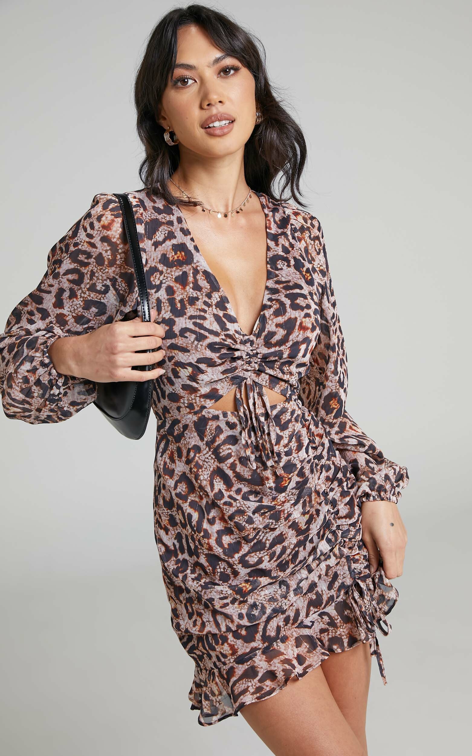 Arima Long Sleeve Cut Out Mini Dress in Brown Leopard Print - 04, BRN1, hi-res image number null