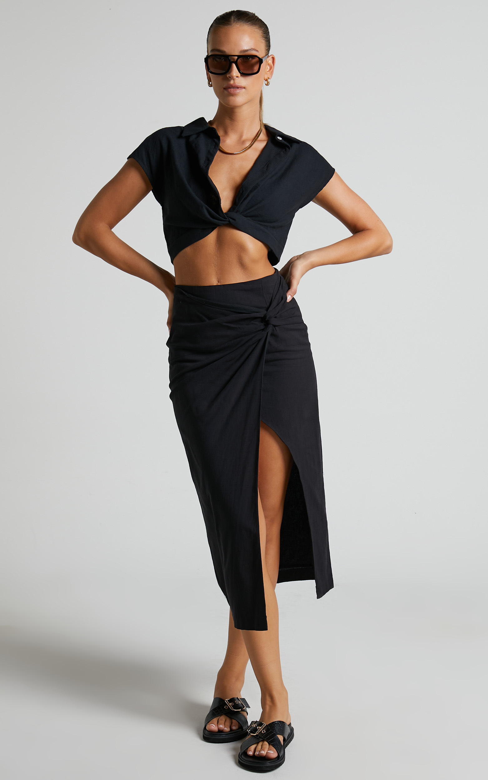 Marieta Knot Front Midi Skirt in Black - 06, BLK1, hi-res image number null