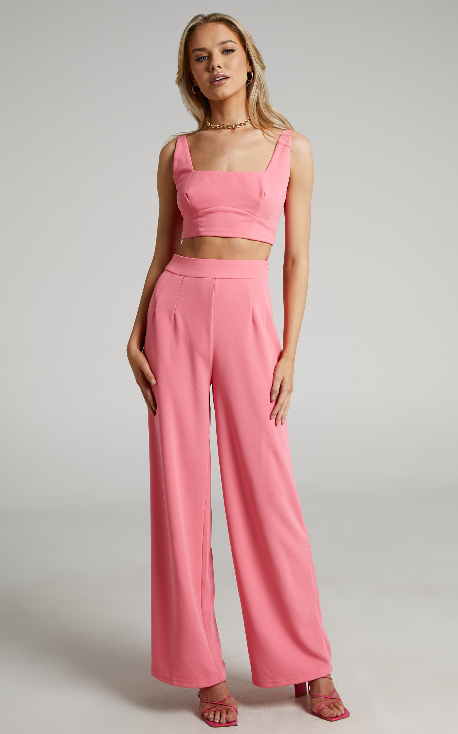 Elibeth Two Piece Set - Crop Top and High Waisted Wide Leg Pants in Bubblegum Pink - 04, PNK2, hi-res image number null