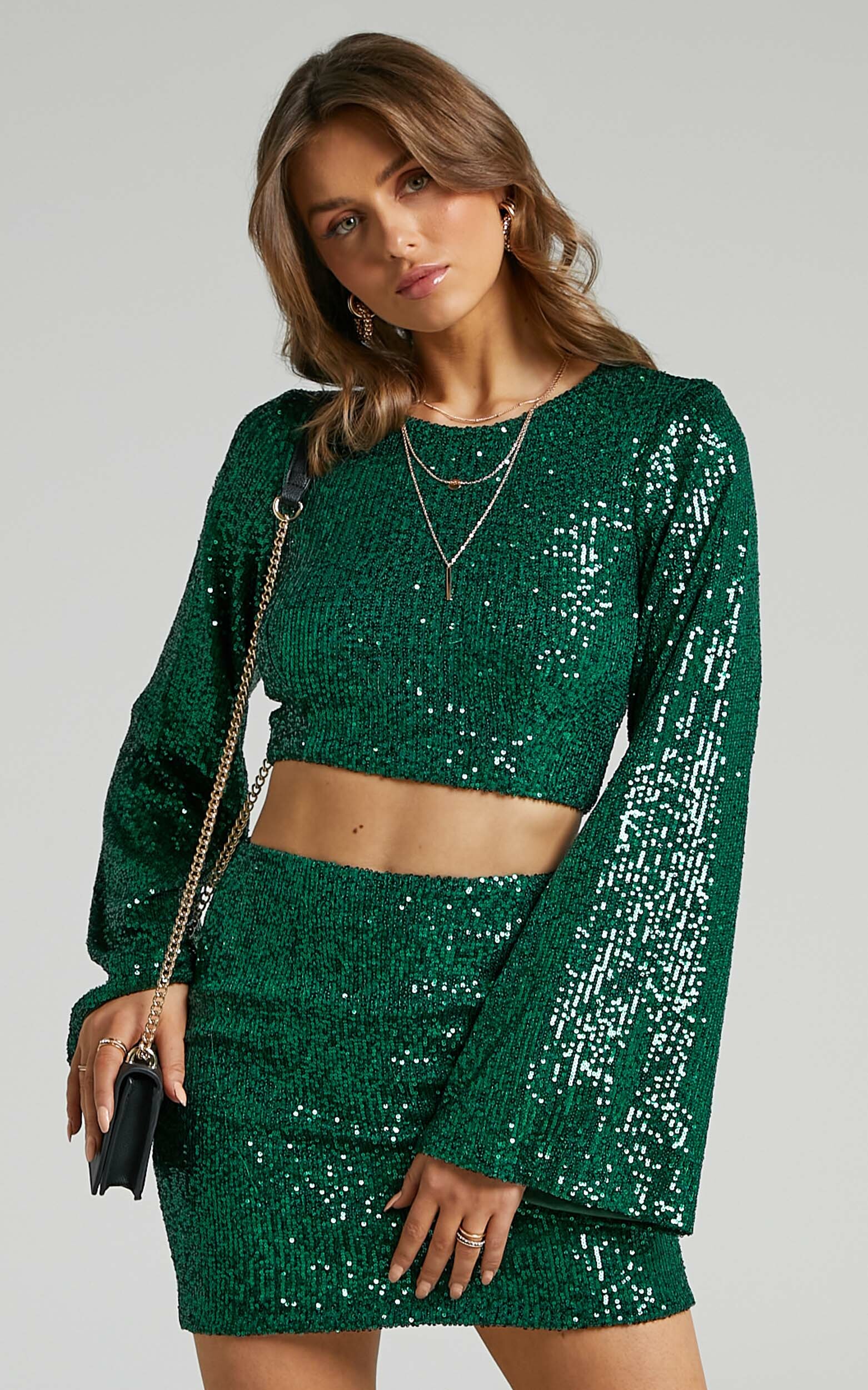 Roxanne Flared Sleeve Crop Top in Emerald Sequin | Showpo USA