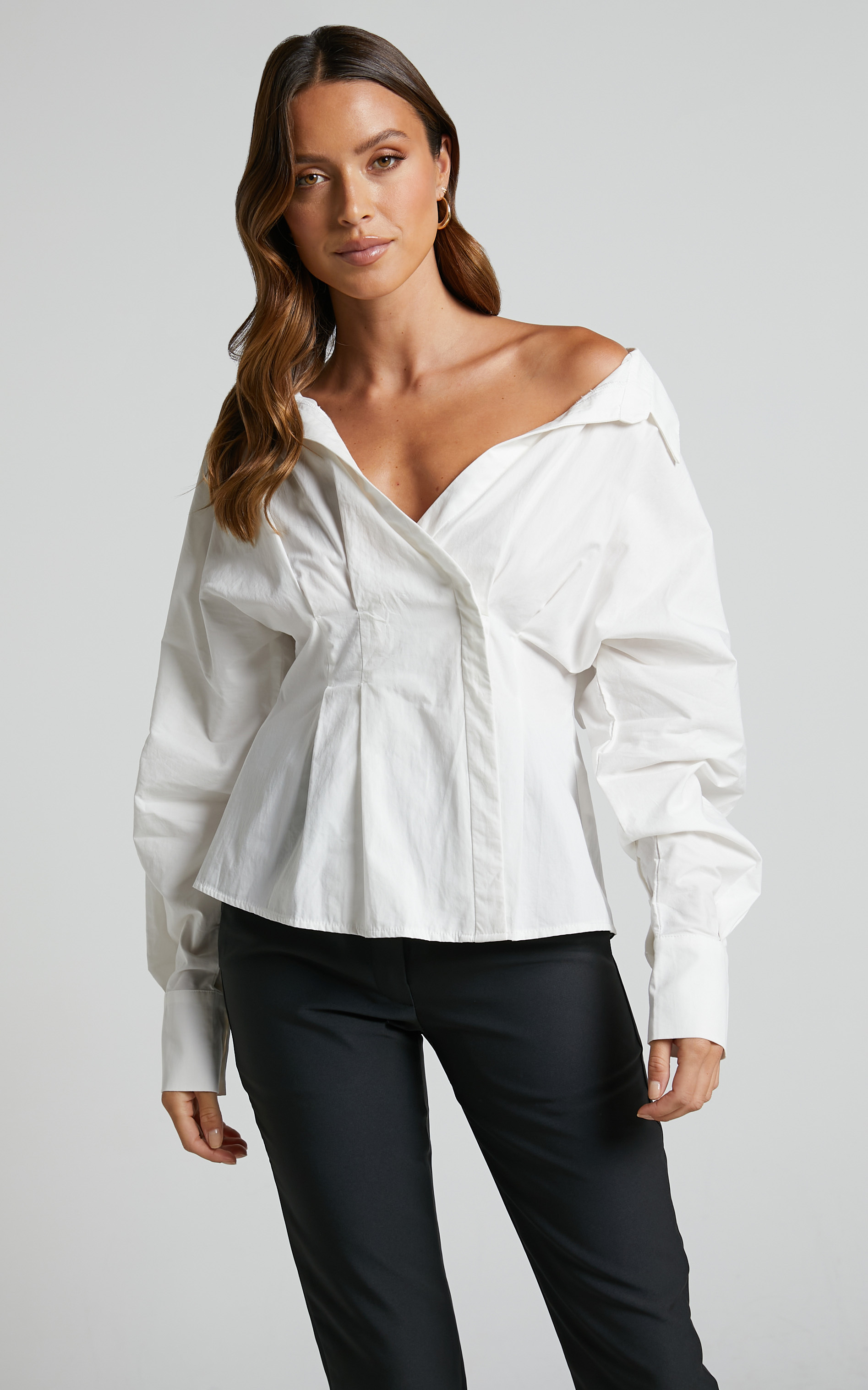 Elenina Shirt - Long Sleeve Pleat Waist Shirt in White - 06, WHT1, hi-res image number null