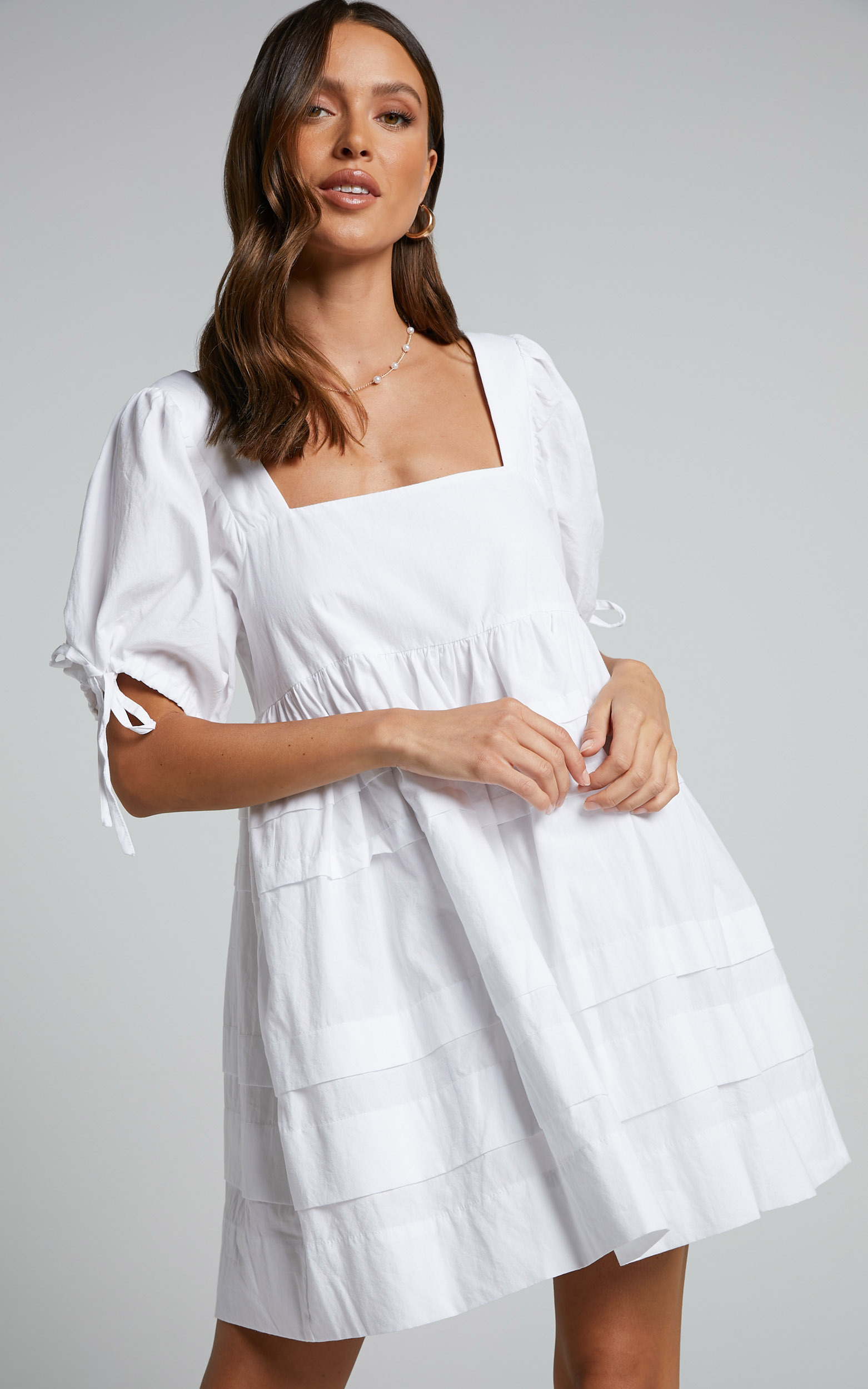 Eleua Mini Dress - Pintuck Short Puff Sleeve Dress in White | Showpo