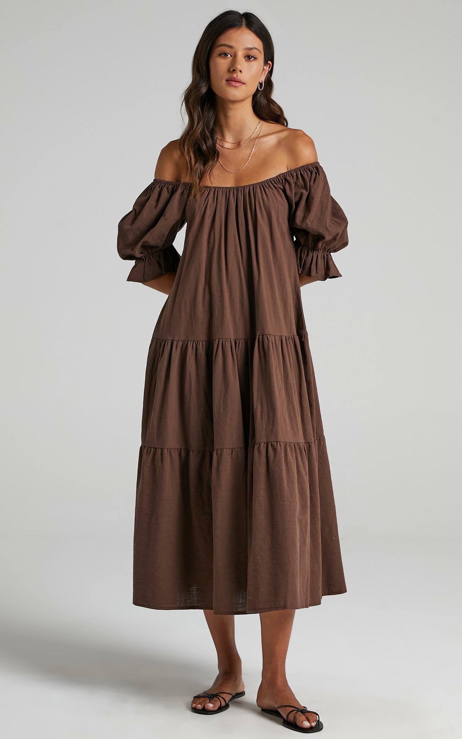 Zaharrah Tiered Midi Dress in Chocolate Linen Look | Showpo USA