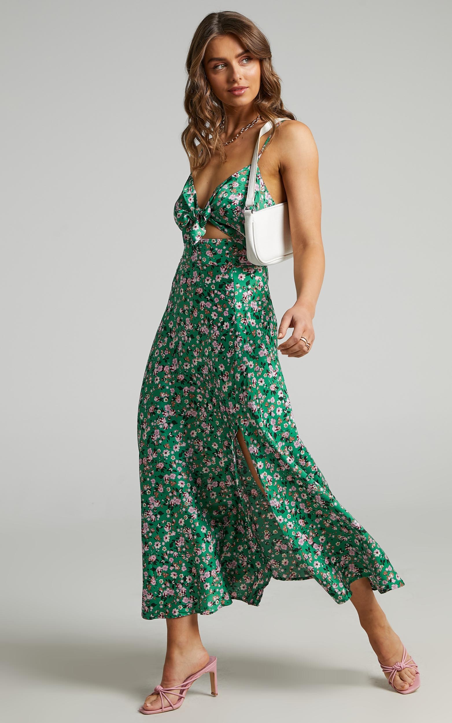 Kingsley Midi Length Dress with Split in Green Floral - 06, GRN2, hi-res image number null