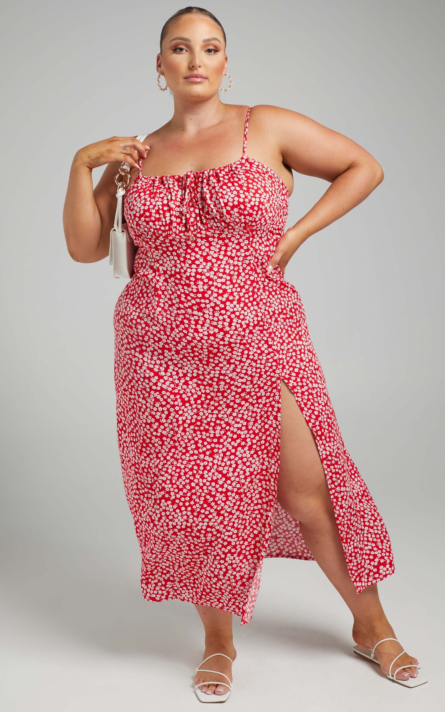 Willa Midi Dress with Shirred Bust Detailing in Red Floral - 06, RED2, hi-res image number null