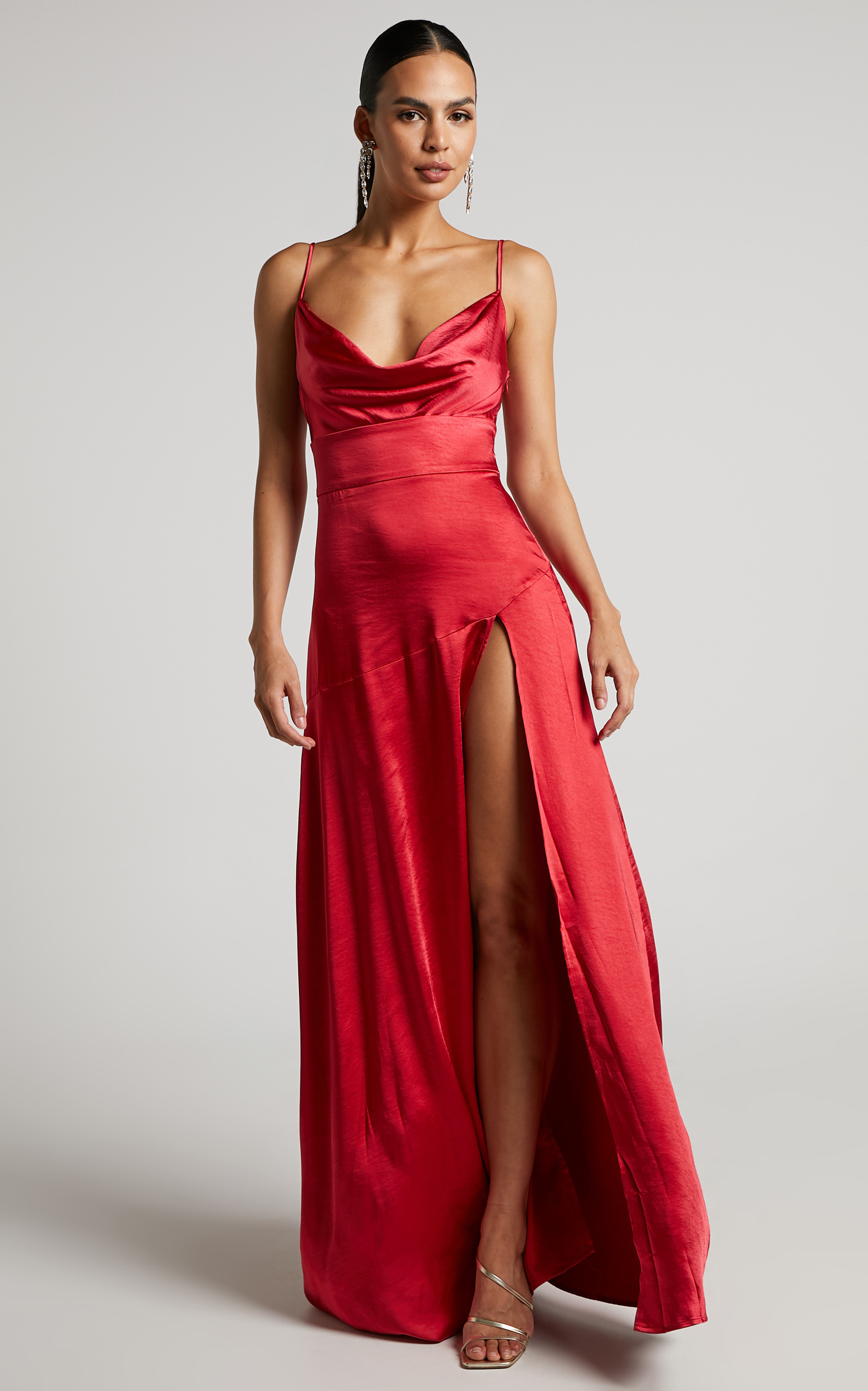 Cleopathra Maxi Dress - High Split Cowl Neck Dress in Red | Showpo