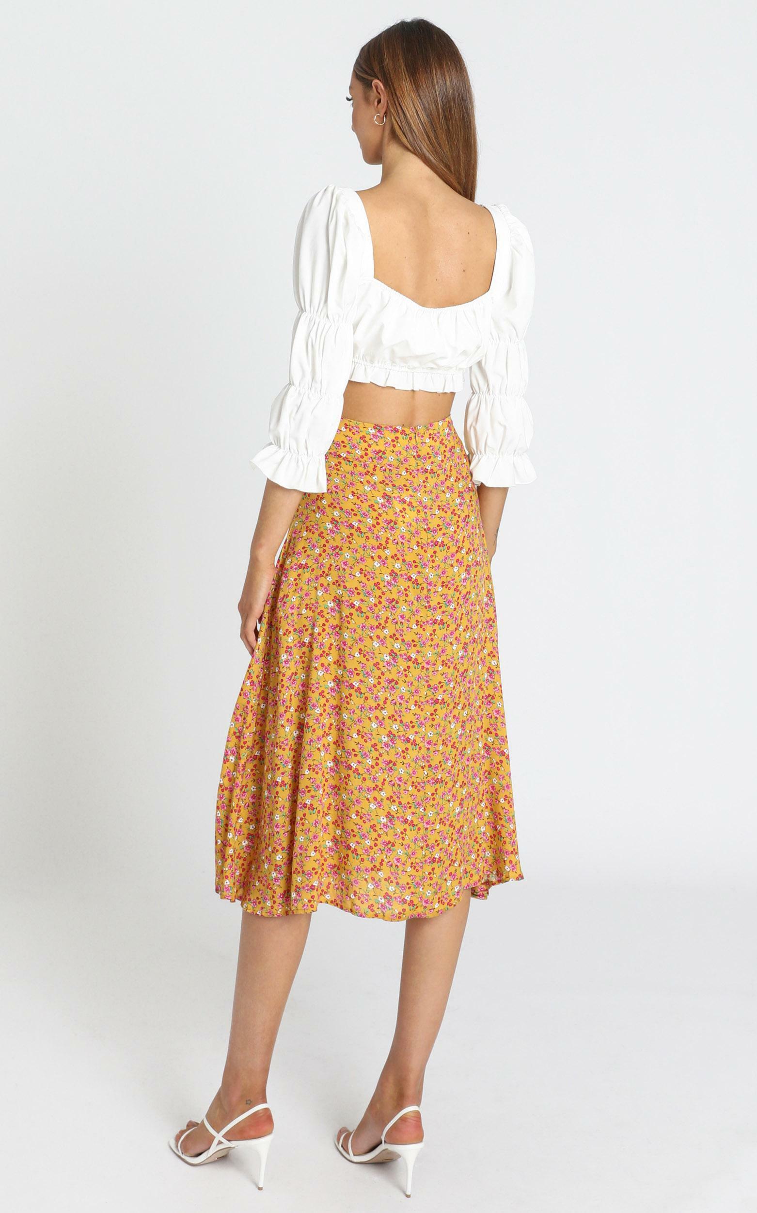 Kourtney Slip Skirt with Side Split in Mustard Floral | Showpo
