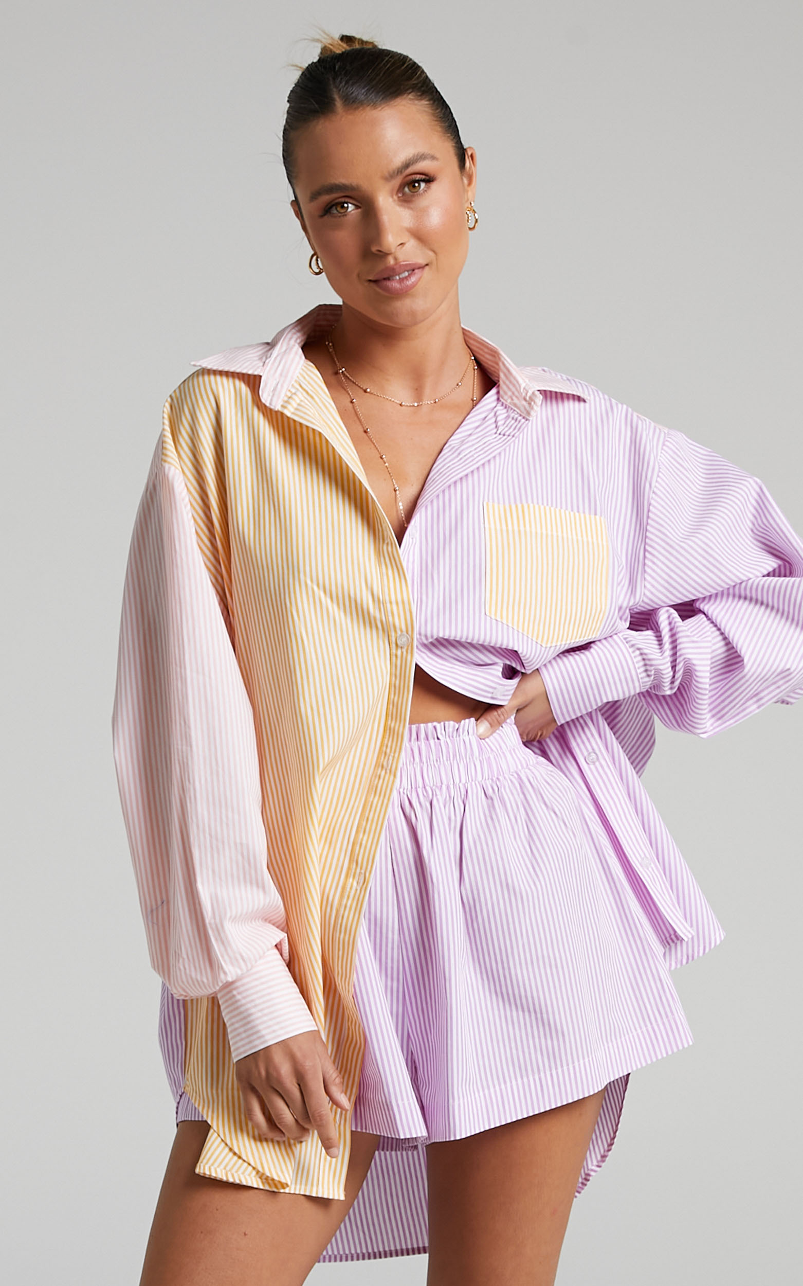 Autumn Contrast Stripe Oversized Shirt in LEMON AND LILAC - 04, PRP3, hi-res image number null