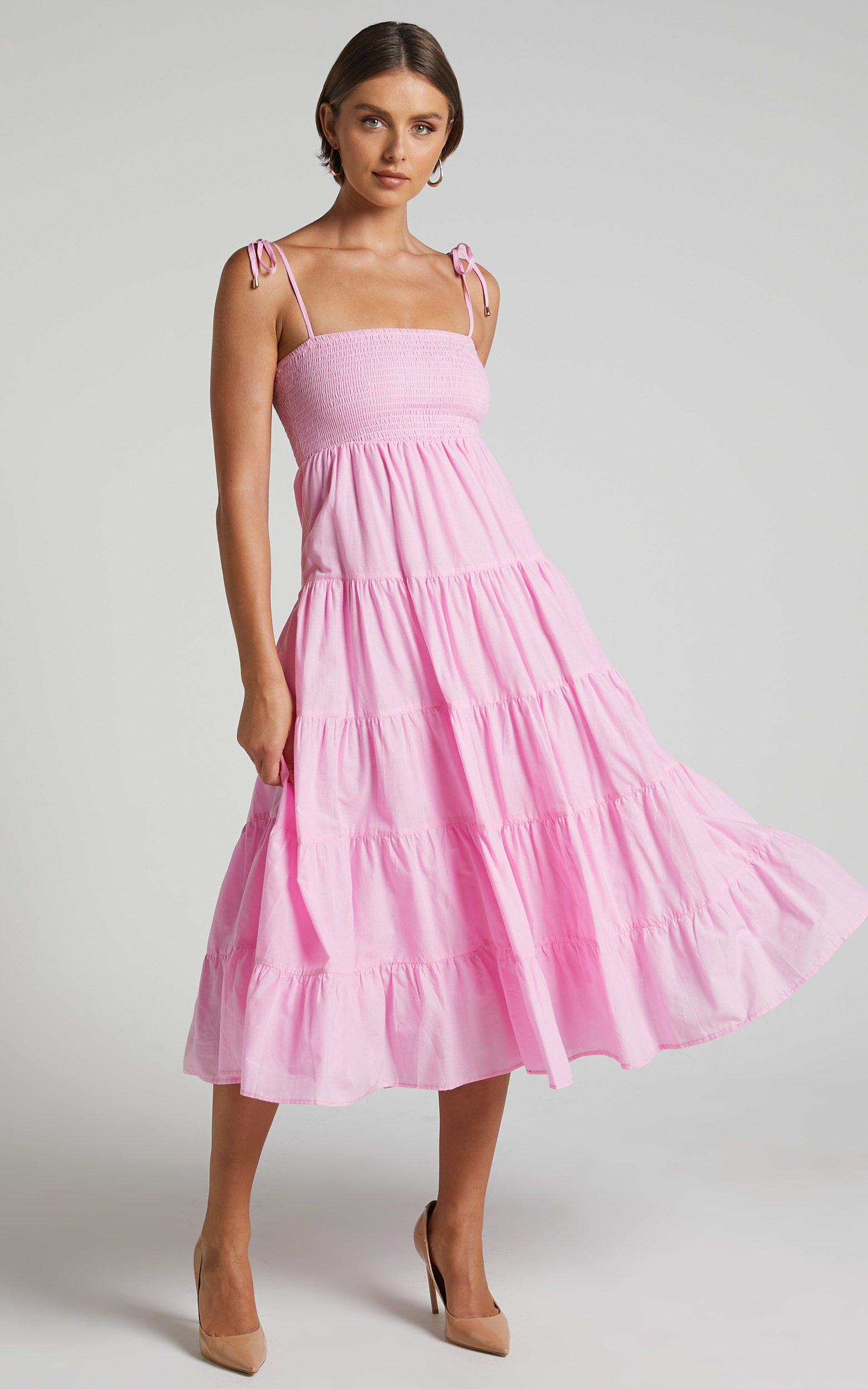 Ayla Midi Dress - Tie Up Strap Tiered Dress in Candy Pink - 06, PNK2, hi-res image number null