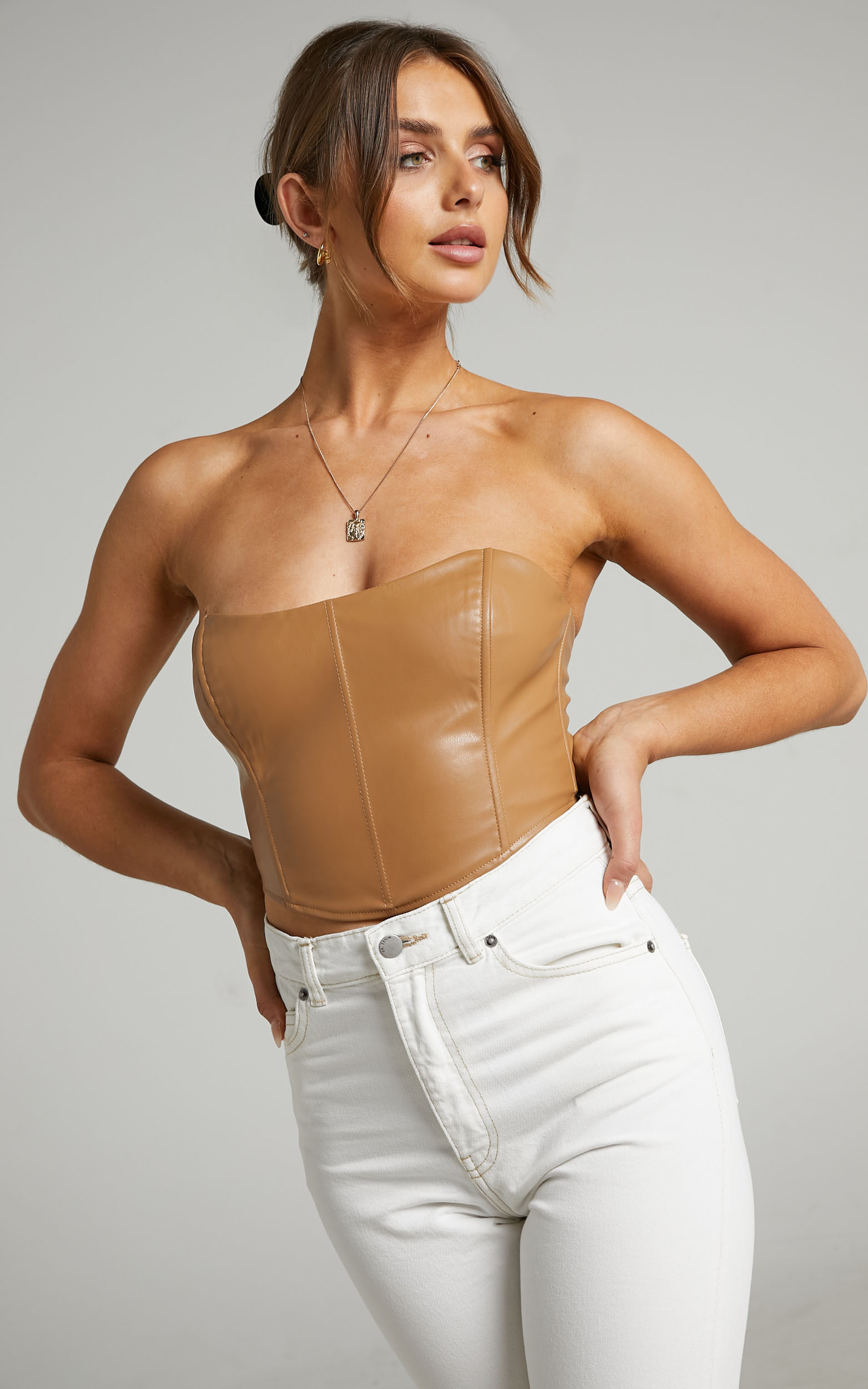 Lorrin Faux Leather Cropped Corset in Beige - 06, BRN2, hi-res image number null