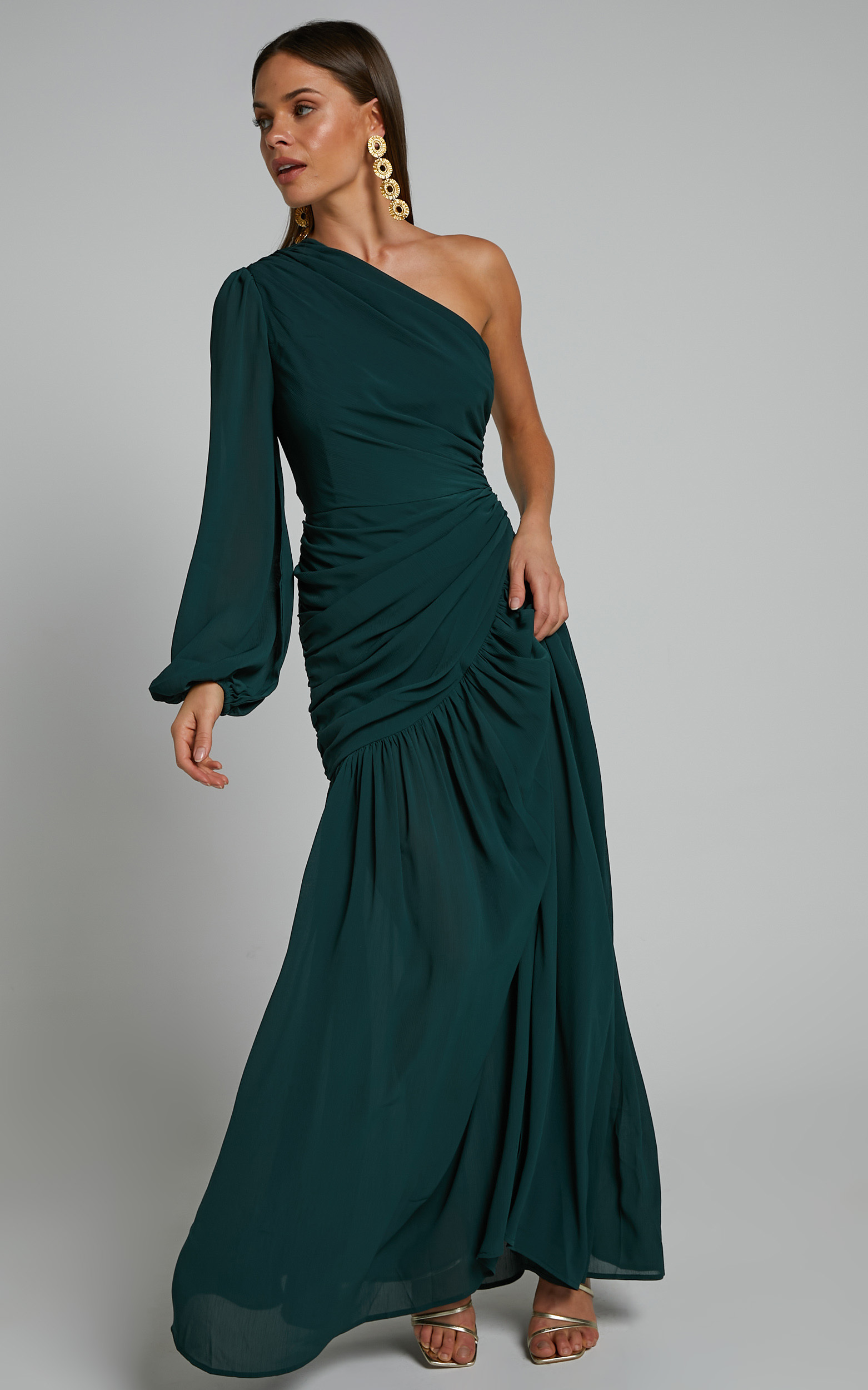 Grittah One Shoulder Bishop Sleeve High Slit Ruched Maxi Dress in Emerald - 04, GRN1, hi-res image number null