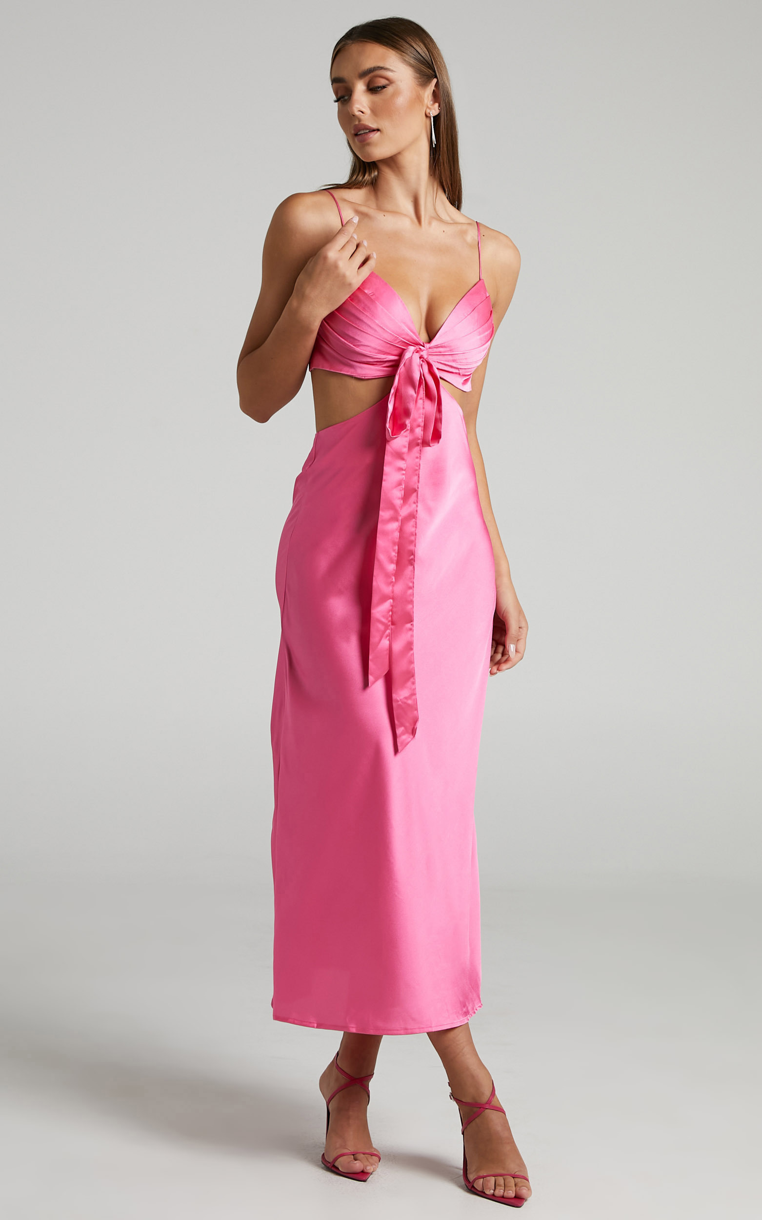 Melany Midi Dress - Pleated Bust Cut Out Tie Detail Satin Slip Dress in Pink - XS, PNK1, hi-res image number null