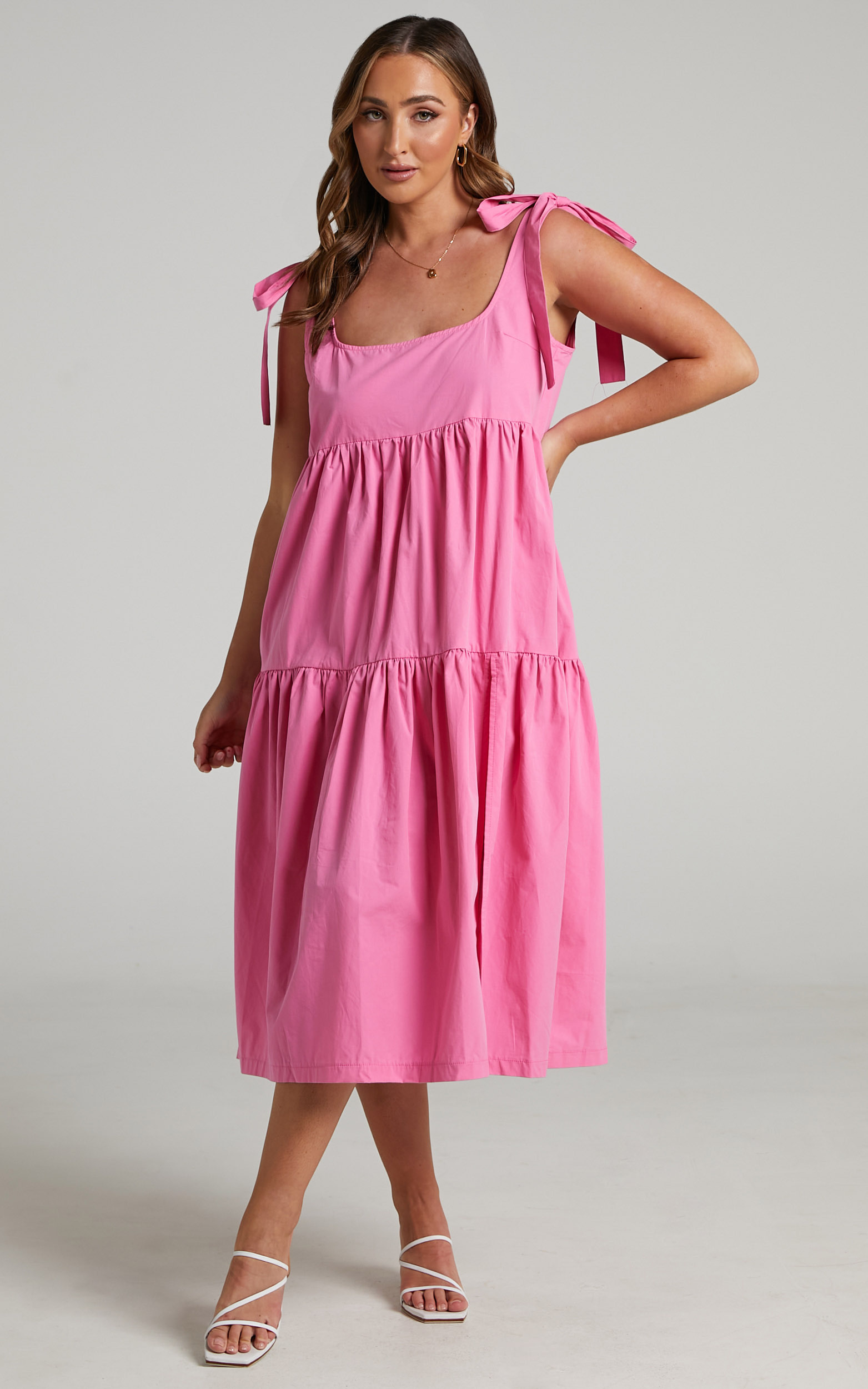 Keiko Tie Strap Tiered Midi Dress in Pink - 04, PNK1, hi-res image number null