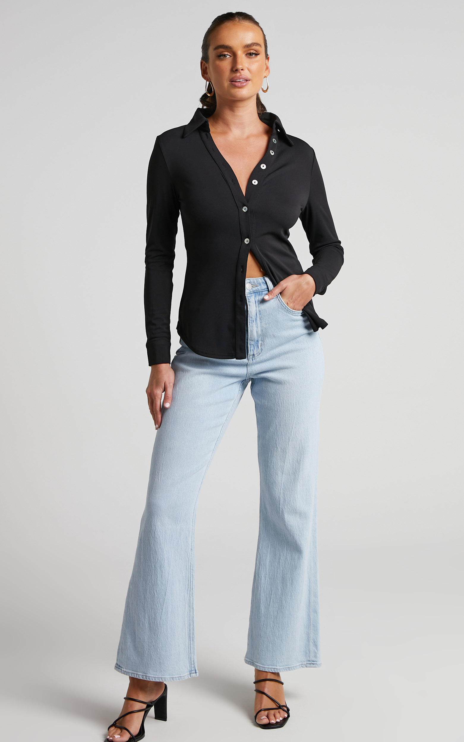 Keaton Blouse - Collared Long Sleeve Button Through Blouse in Black - 06, BLK1, hi-res image number null