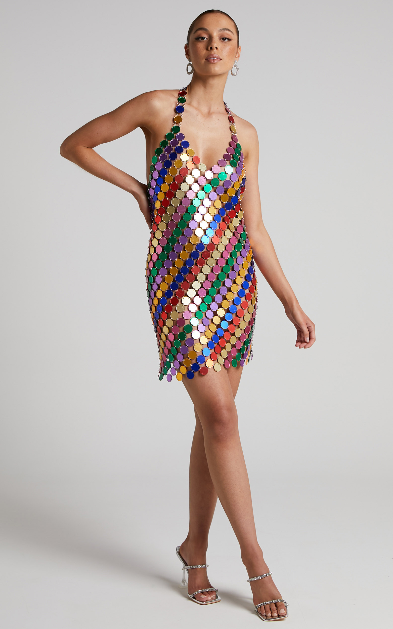 Jasleen Mini Dress - Circle Disc Sequin Halter Dress in Multi - OneSize, MLT1, hi-res image number null