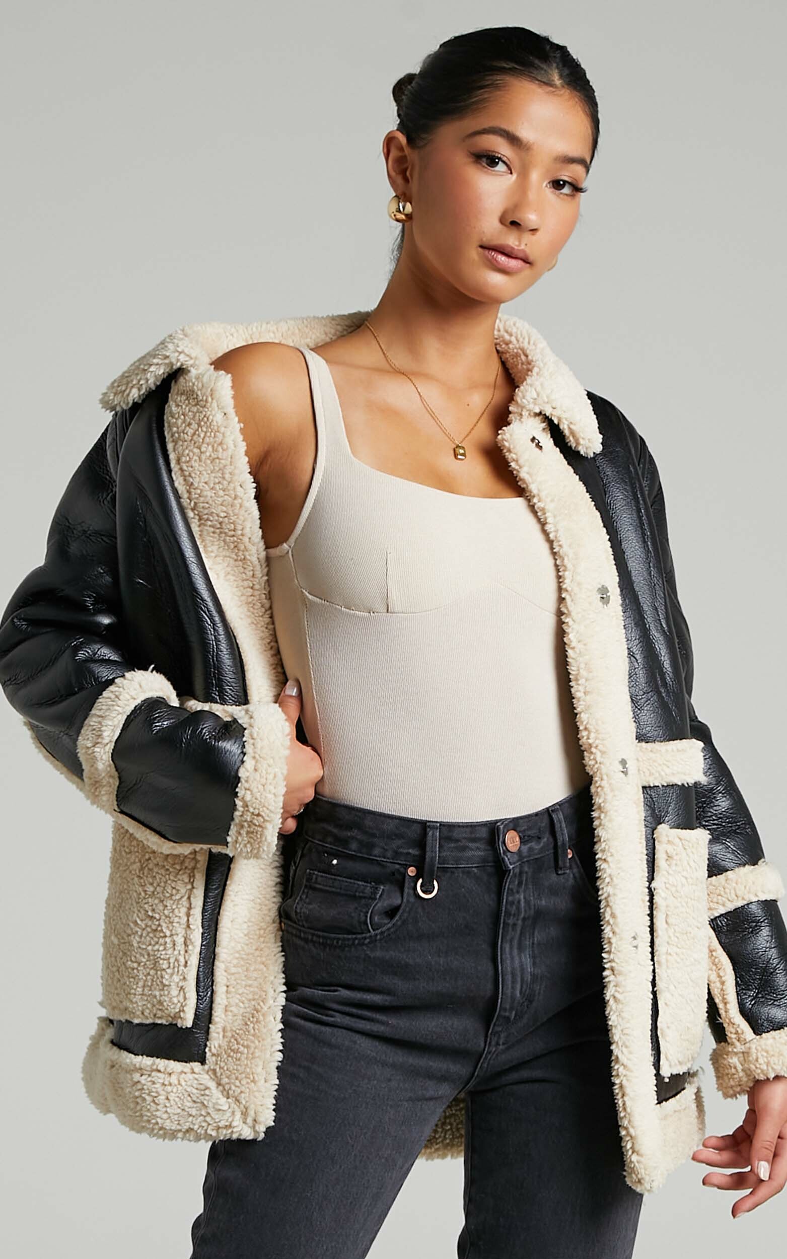 Ruth Faux Shearling Aviator Jacket in Black - 04, BLK1, hi-res image number null