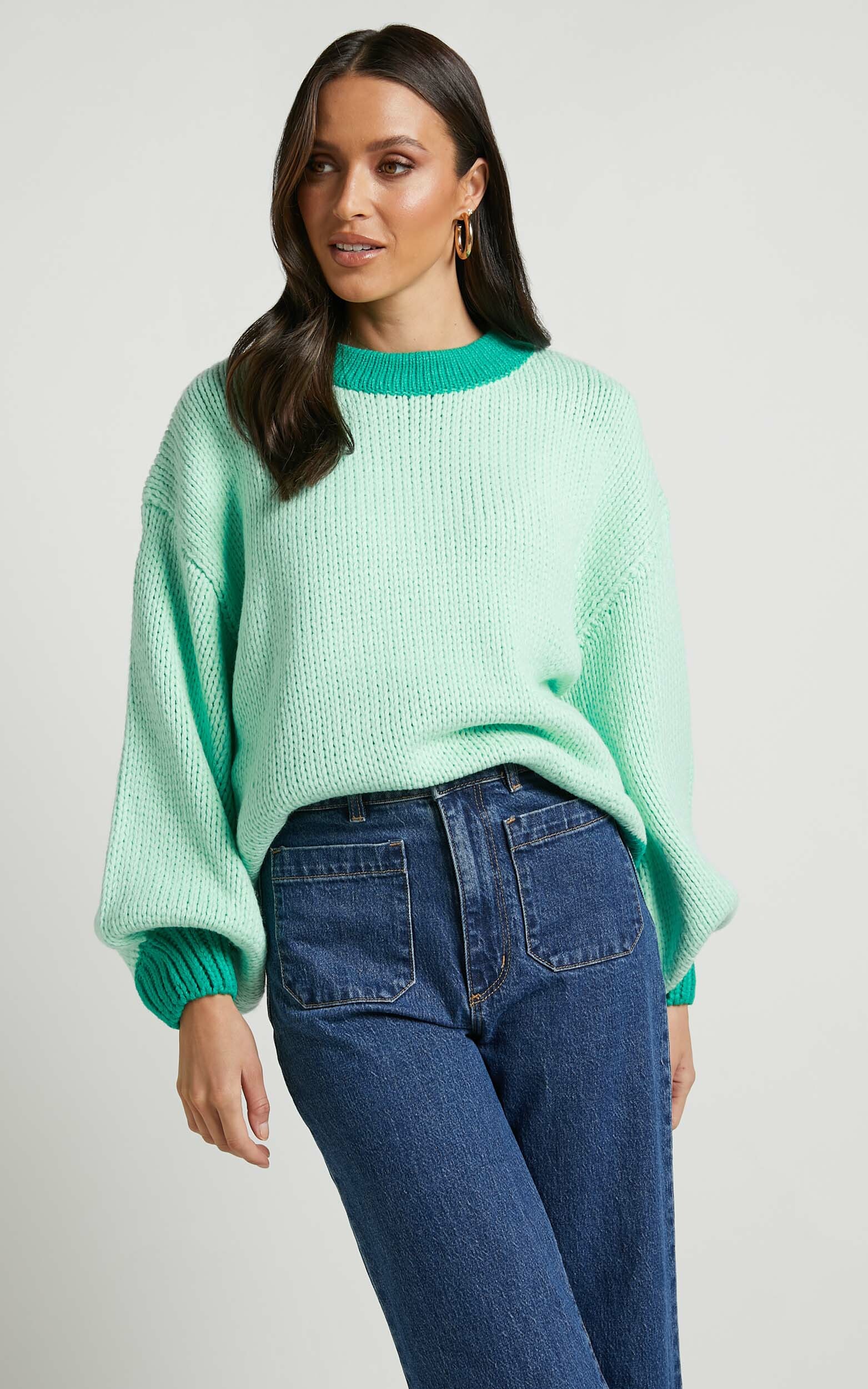 Carmen Crew Neck Colour Contrast Thick Knit Jumper in Green - S, GRN1, hi-res image number null