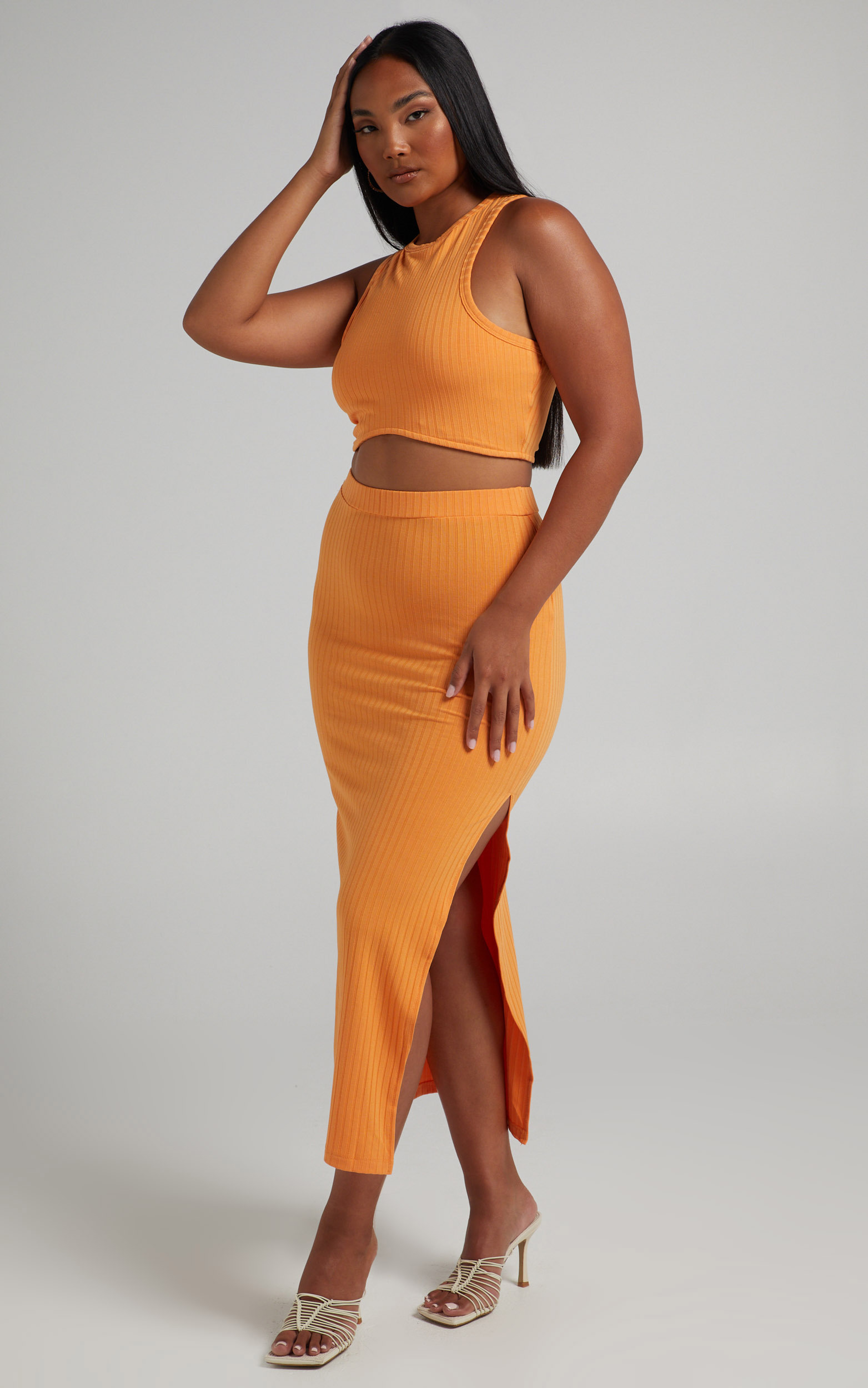 Dayla Ribbed Crop Top and Side Split Midi Skirt Two Piece Set in Sherbet - 06, ORG3, hi-res image number null