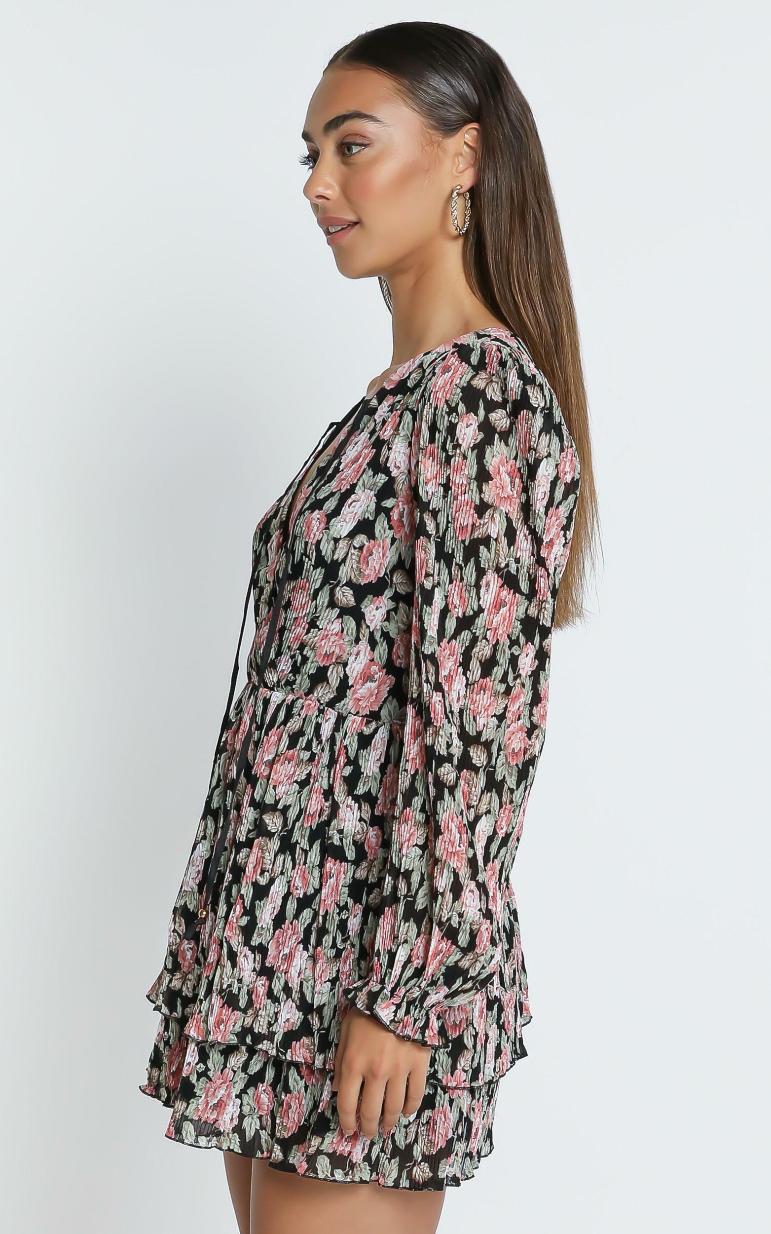 Eloise Long Sleeve Mini Dress in Pleated Rose Floral