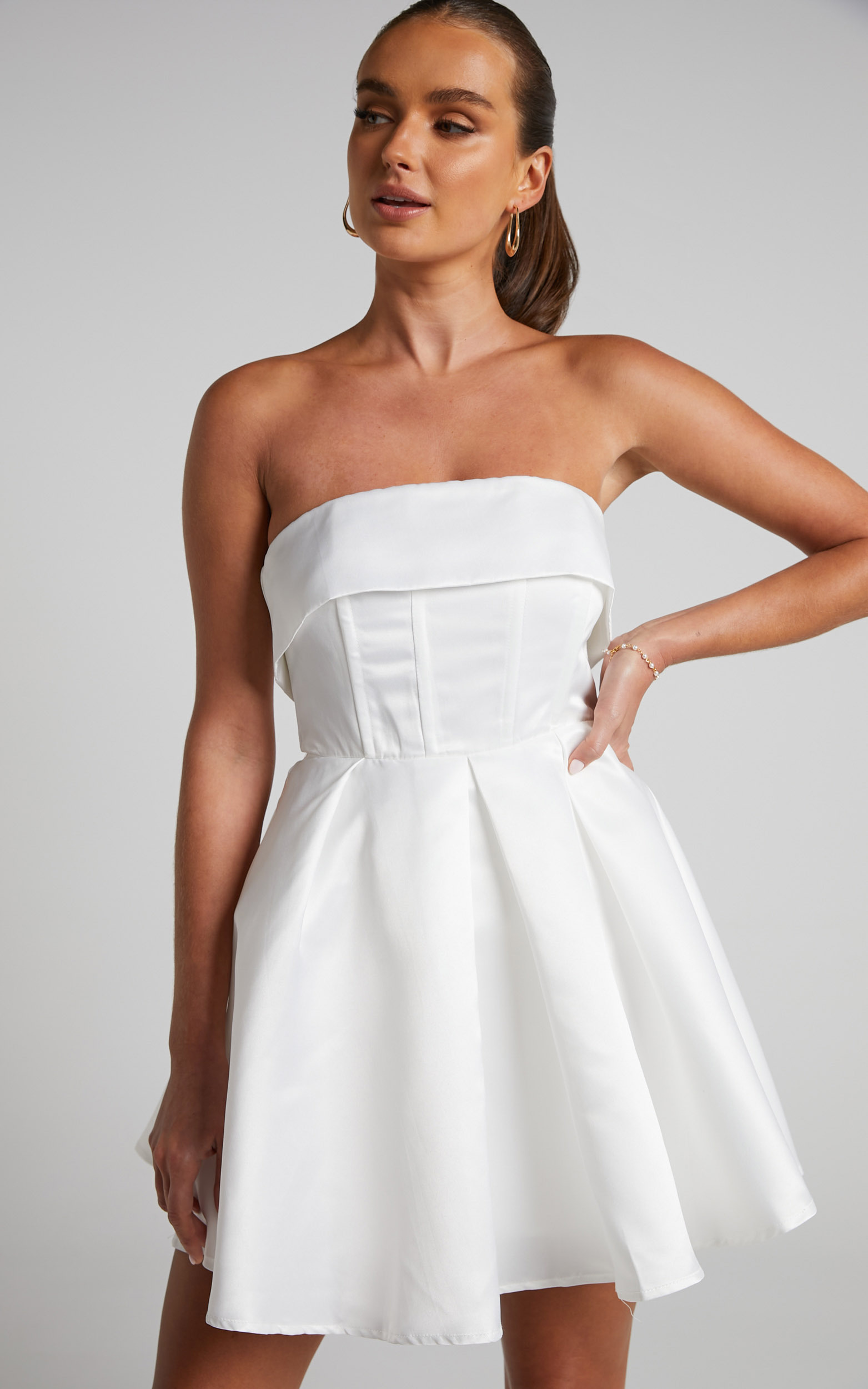 Valora Mini Dress - Strapless Fit and Flare Satin Dress in Ivory - 04, WHT1, hi-res image number null